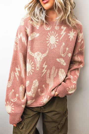 Western Print Drop Shoulder Round Neck Long Sleeve Sweater – Peach Blossom