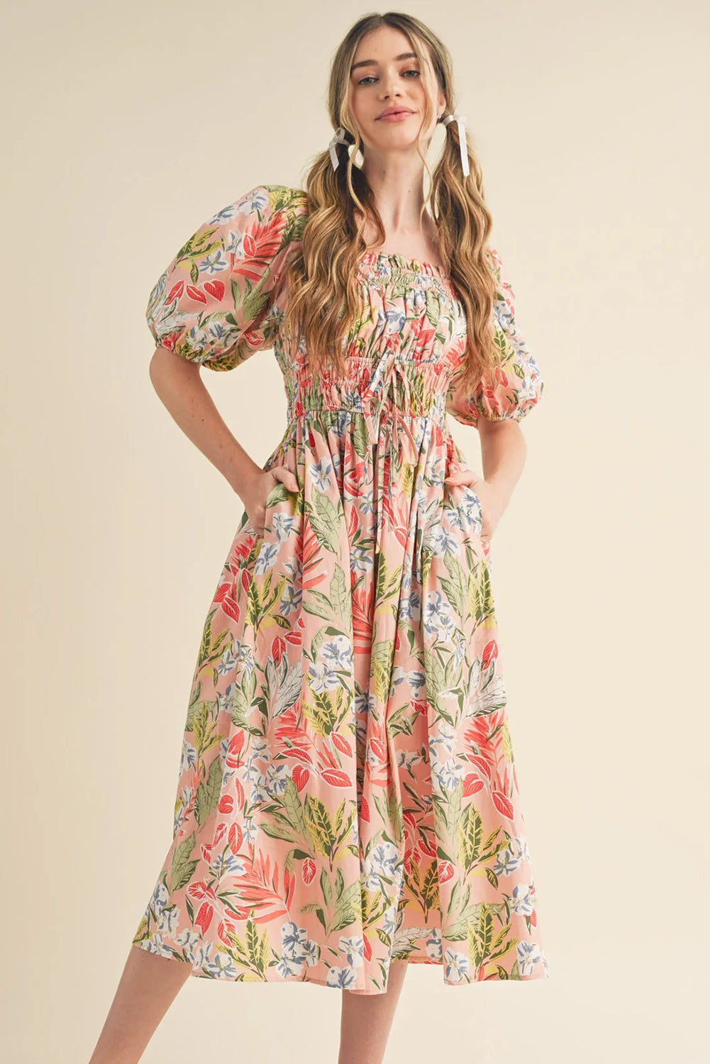 Apricot Pink Floral Smocked Bust Bubble Short Sleeve Maxi Dress eAura