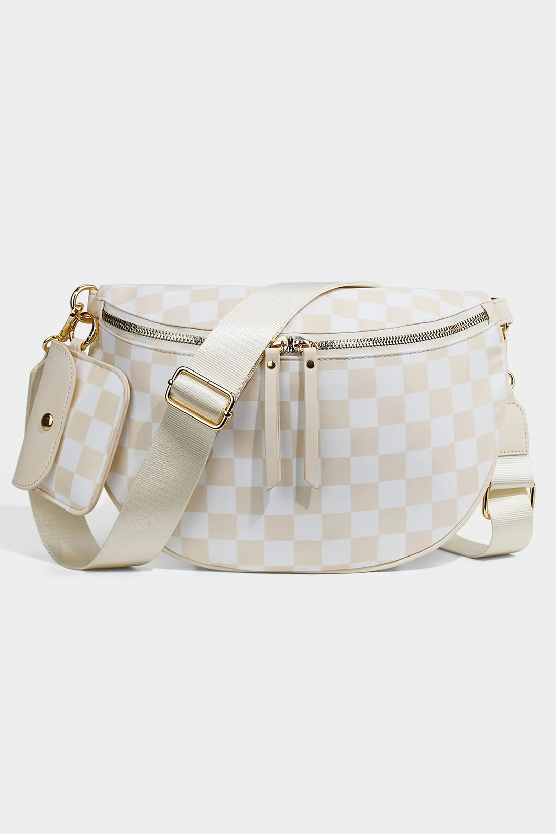 Checkered Canvas Crescent Shoulder Bag with Detachable Pouch