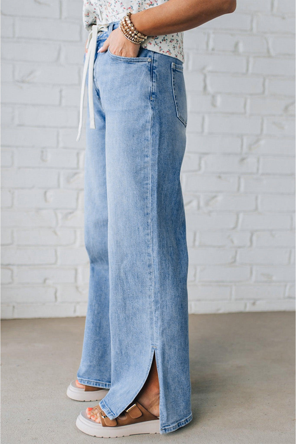 Slit Leg High Rise Drawstring Casual Jeans - eAura