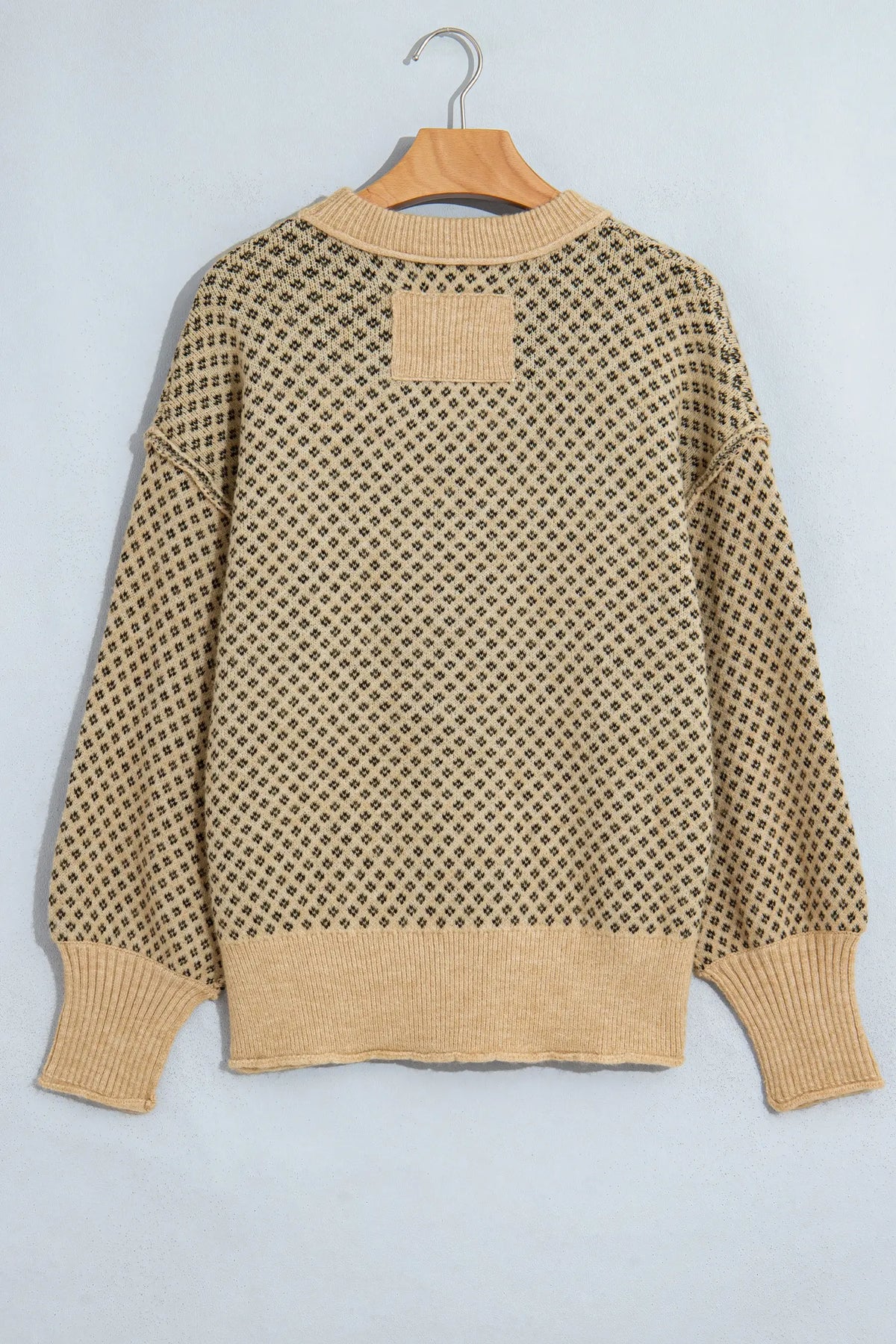 Geometric Print Drop Shoulder Round Neck Long Sleeve Sweater – Khaki