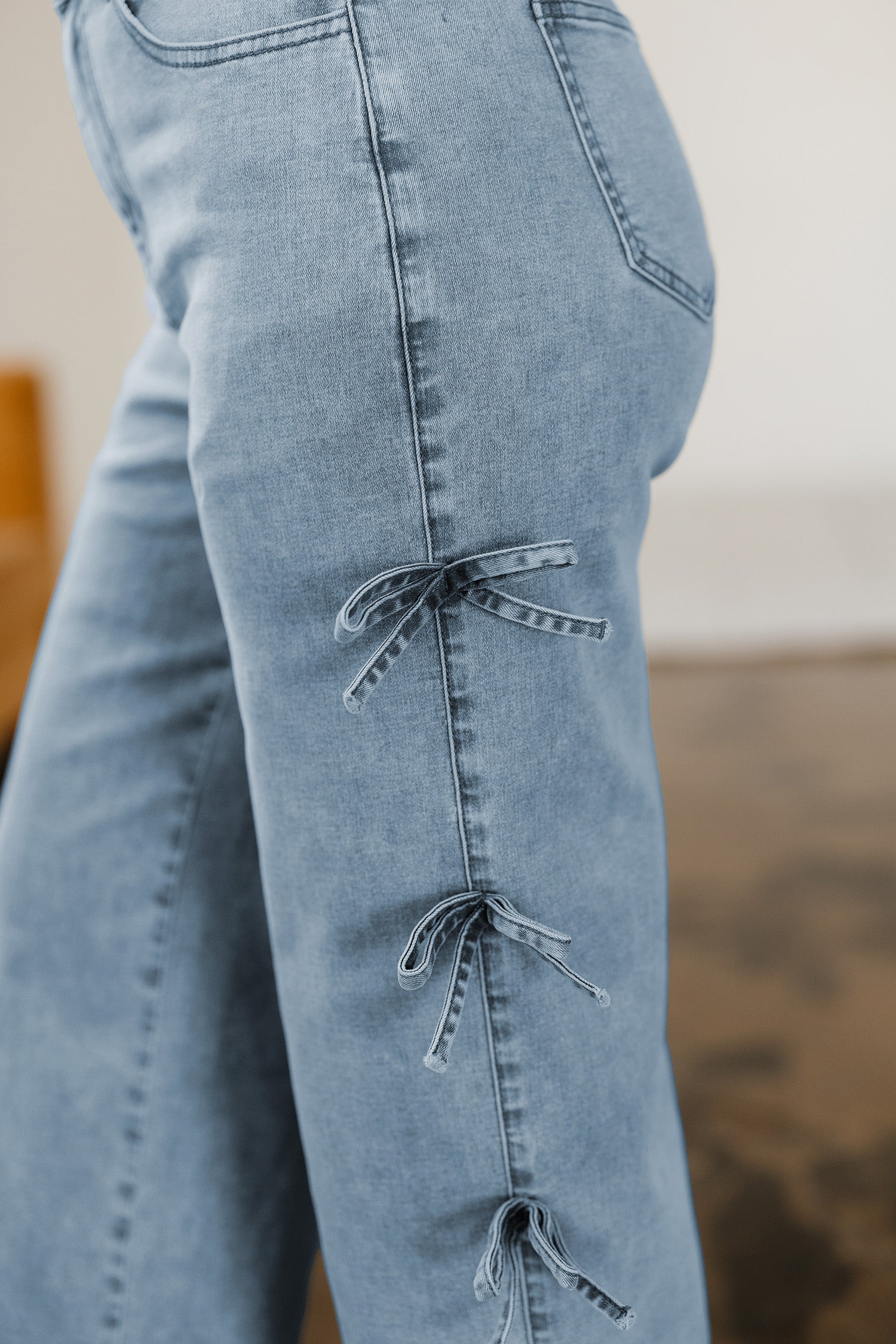Bow Knot Side Detail Straight Leg Loose Jeans - Bottoms/Jeans