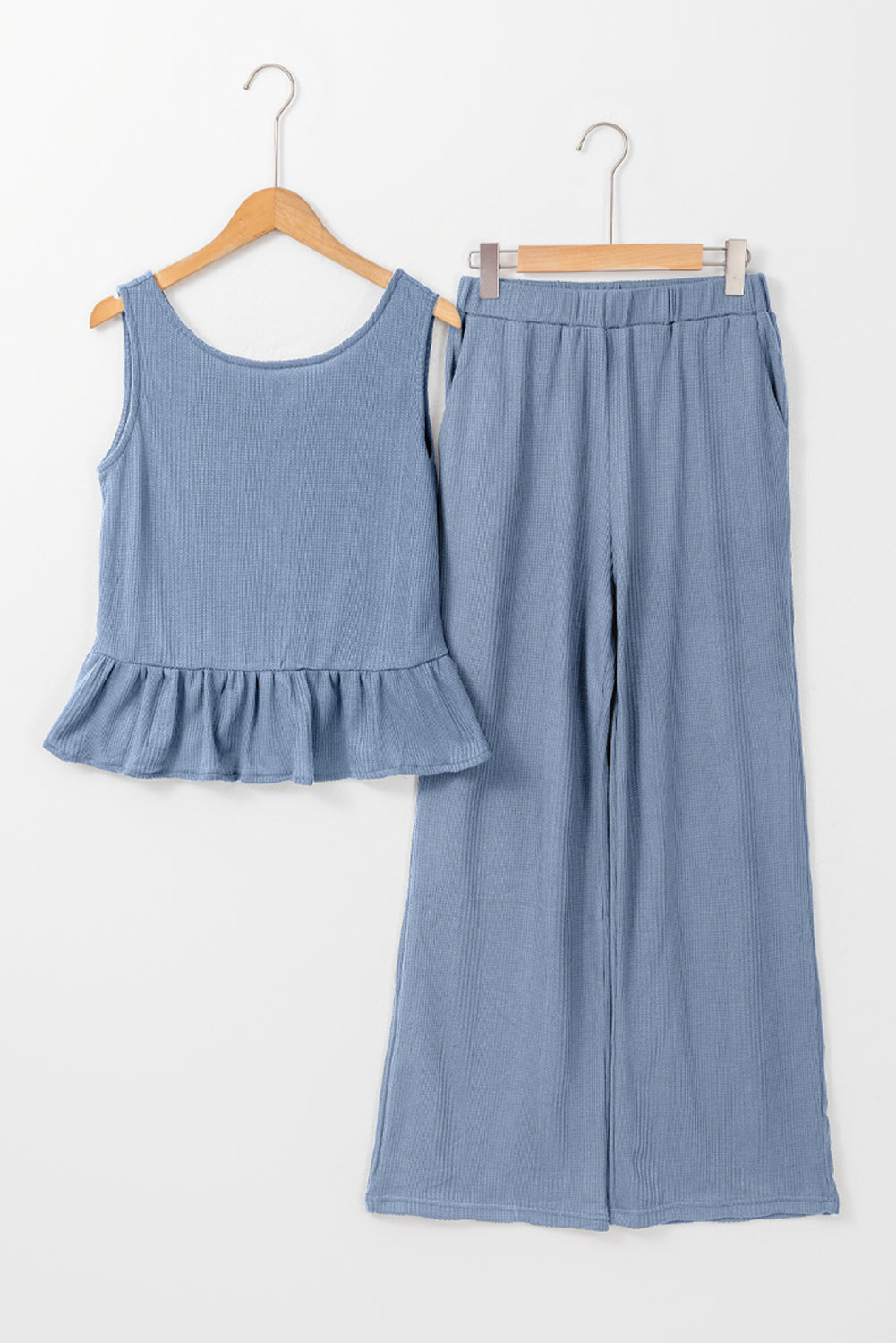 Beau Blue Ribbed Ruffle Tank Top and Trousers Set eAura
