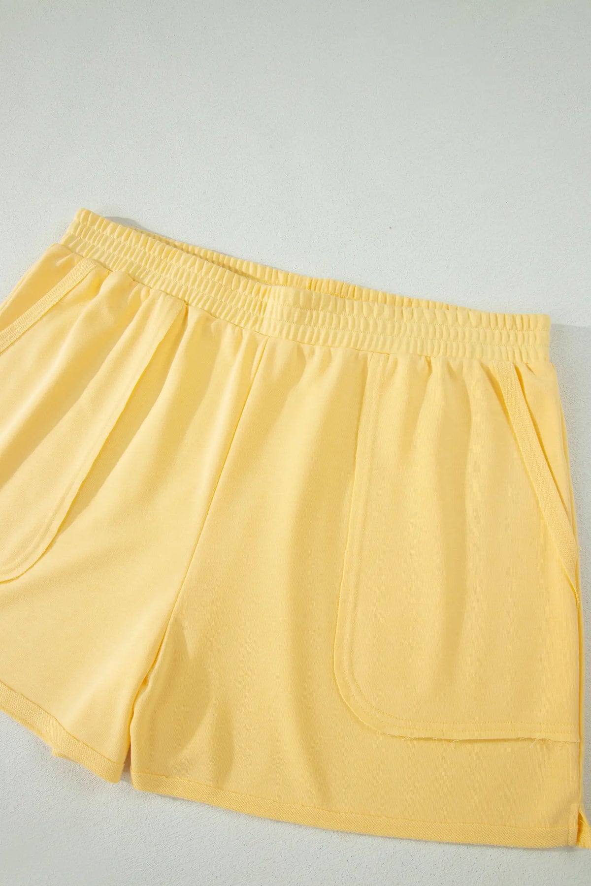 Cream Solid Colour Polo Tee Elastic Waist Shorts Plus Size Outfit – Yellow