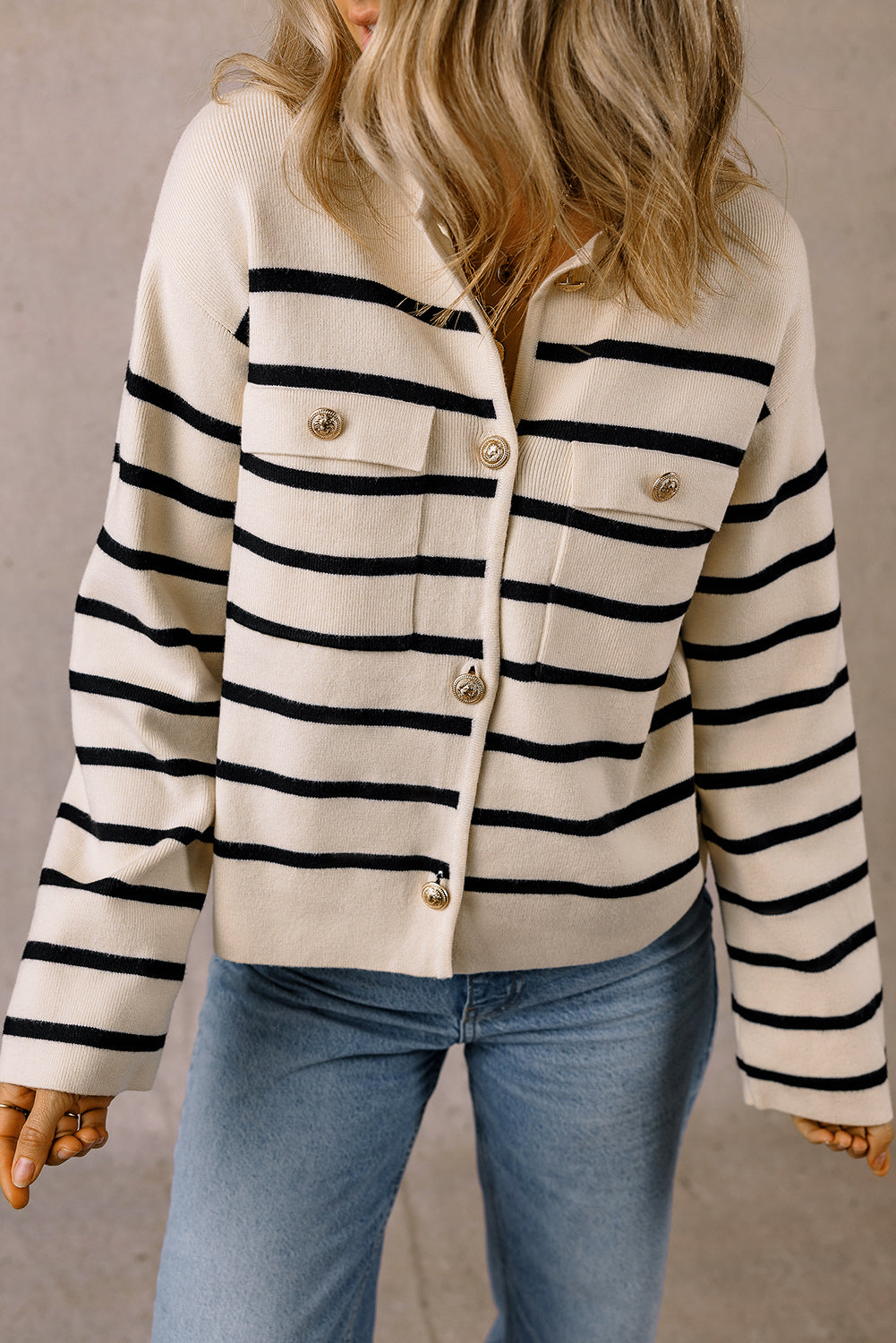 Black Stripe Flap Pocket Buttoned Cardigan Sweater eAura