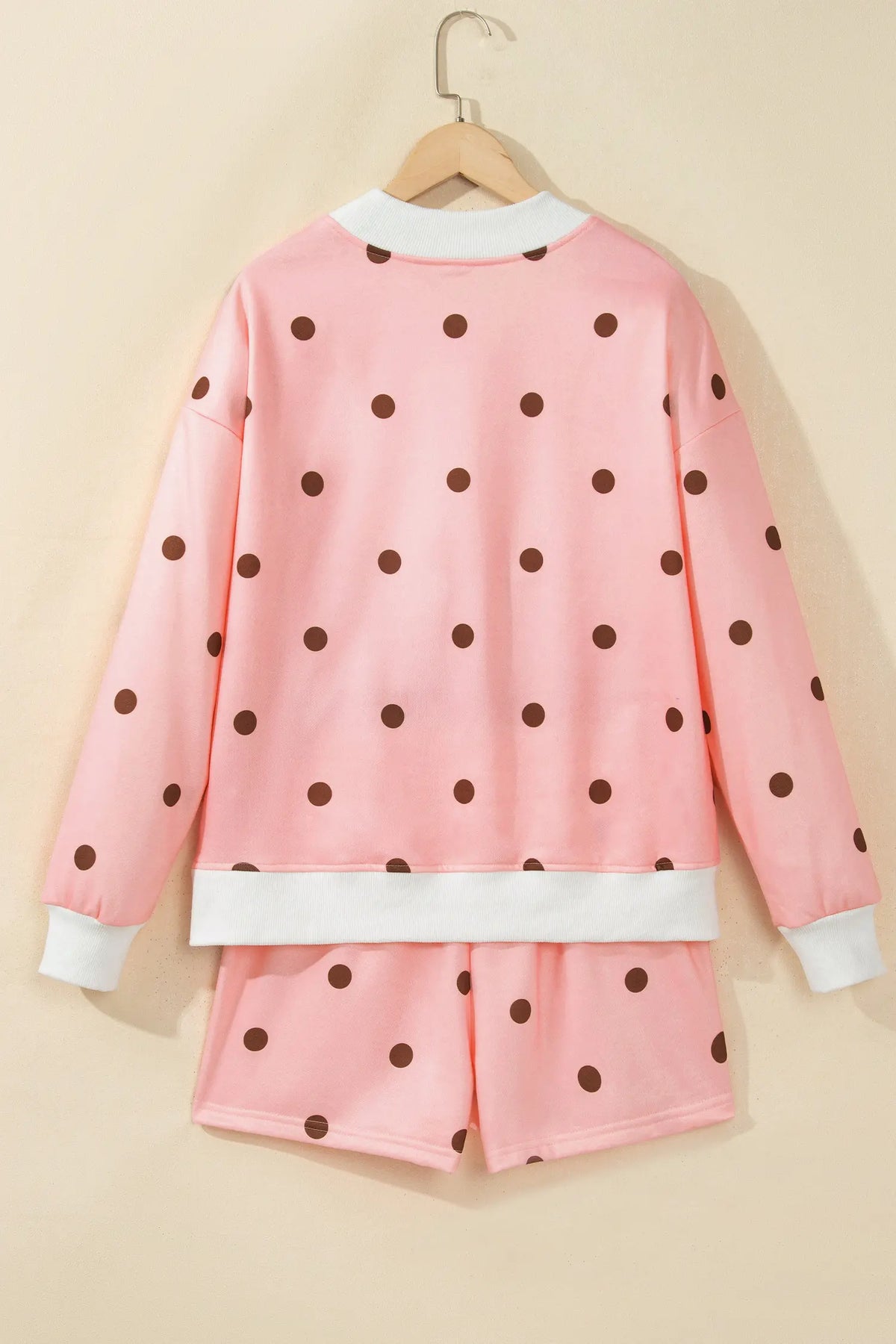 Polka Dot Ribbed Trim Long Sleeve Top Casual Short Set – Brown
