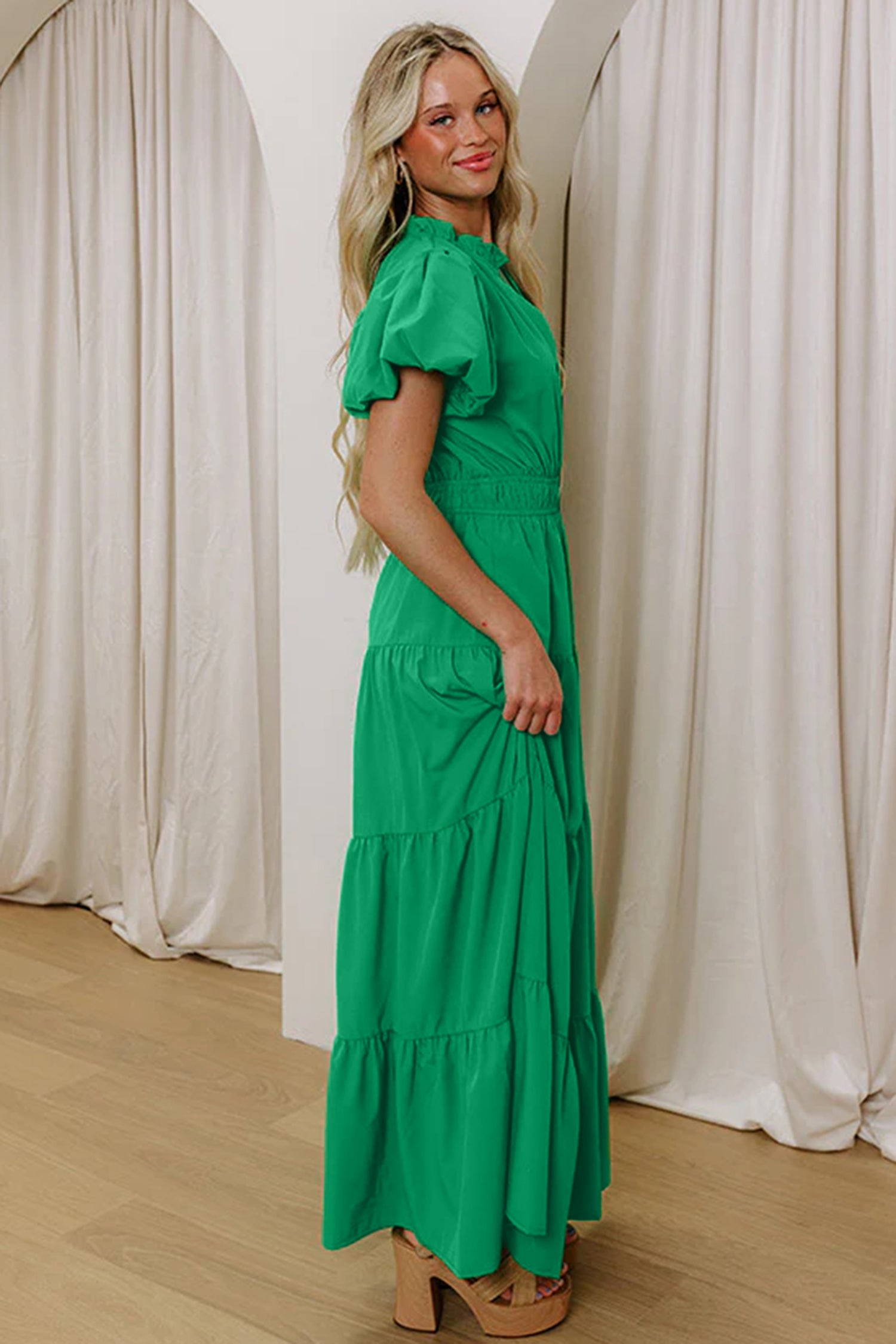 Women's V-Neck Puff Sleeve Tiered Maxi Dress