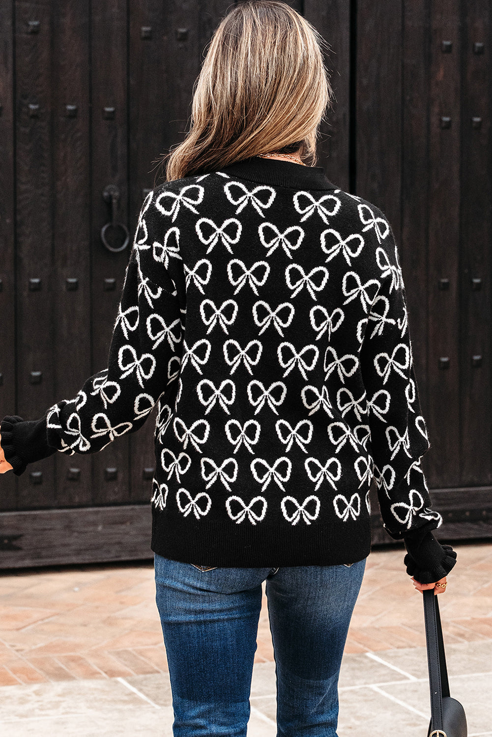 Bow Pattern Drop Shoulder Zipped Collar Sweater - eAura