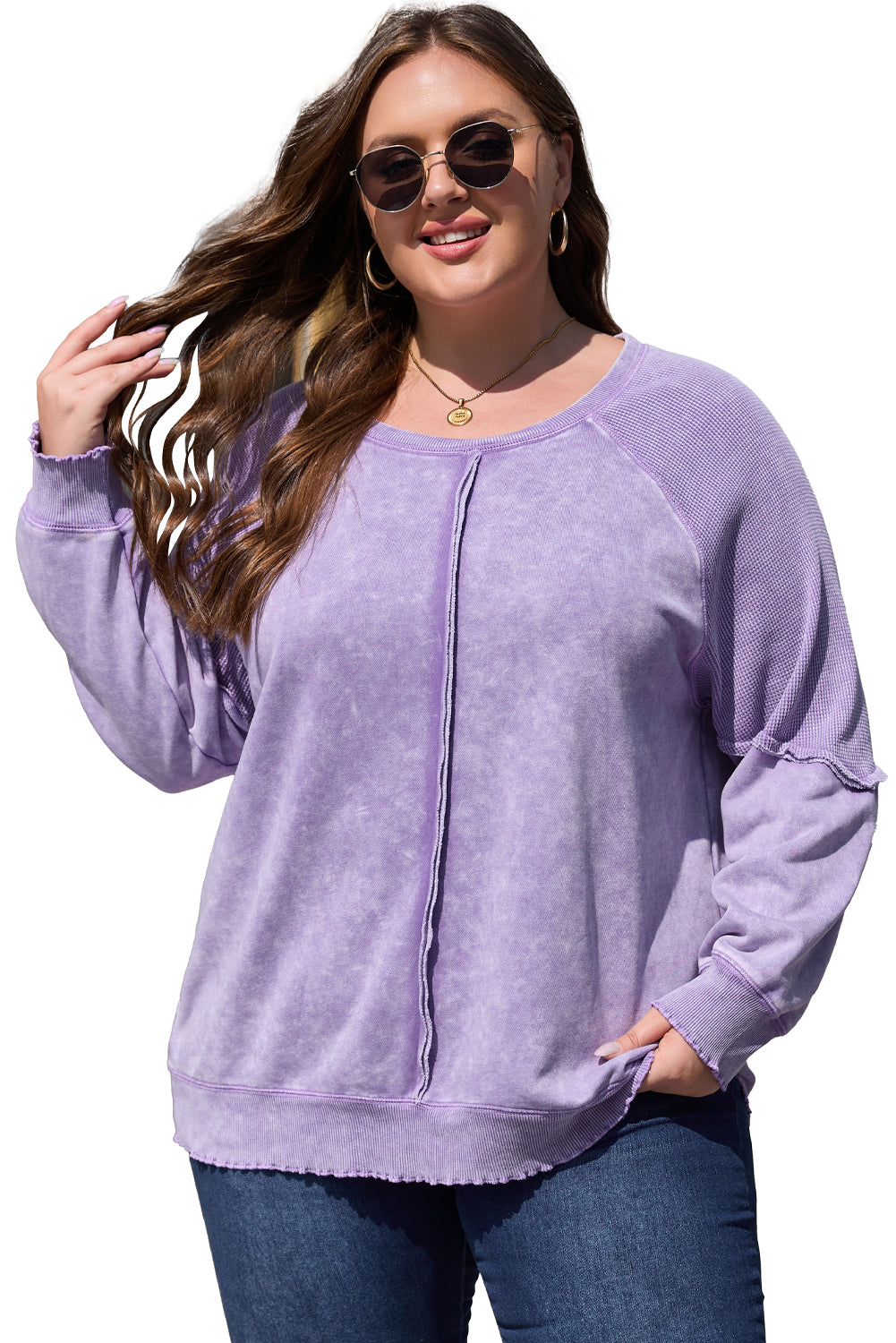 Orchid Petal Textured Patchwork Frilled Trim Plus Size Pullover Sweatshirt Beagle Boutique Fashion Outlet