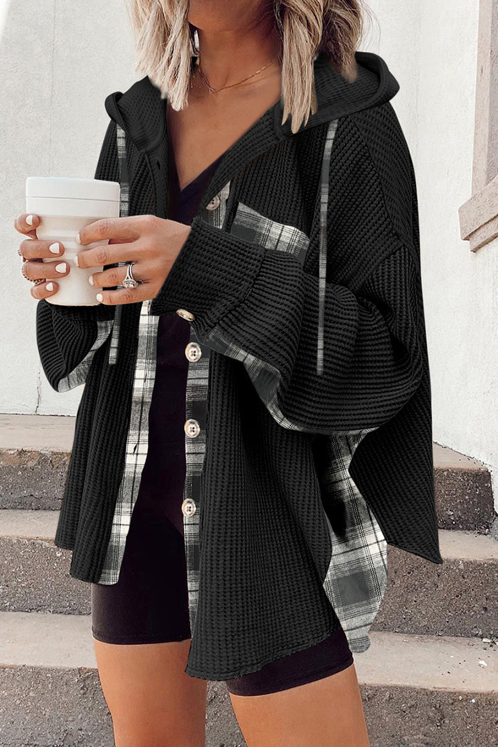 Black Waffle Knit Plaid Patchwork Drawstring Hooded Shacket eAura