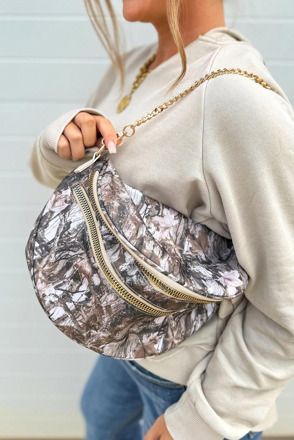 Black Camouflage Print Double Zipper Crossbody Bag