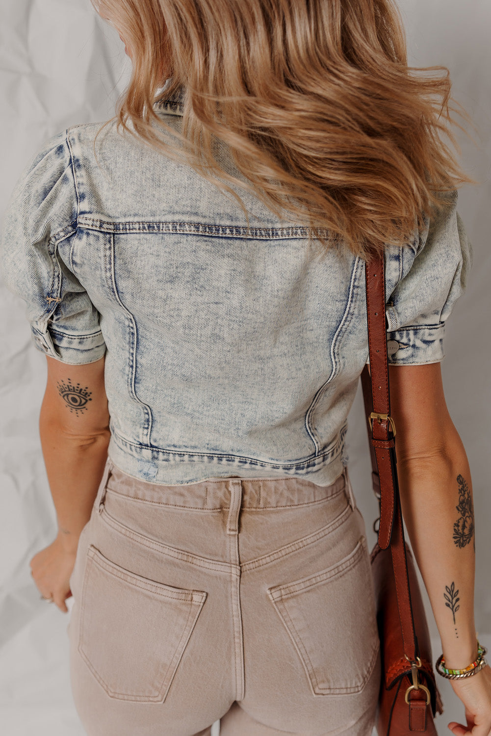 Beau Blue Light Wash Buttoned Chest Pocket Puff Sleeve Denim Jacket eAura