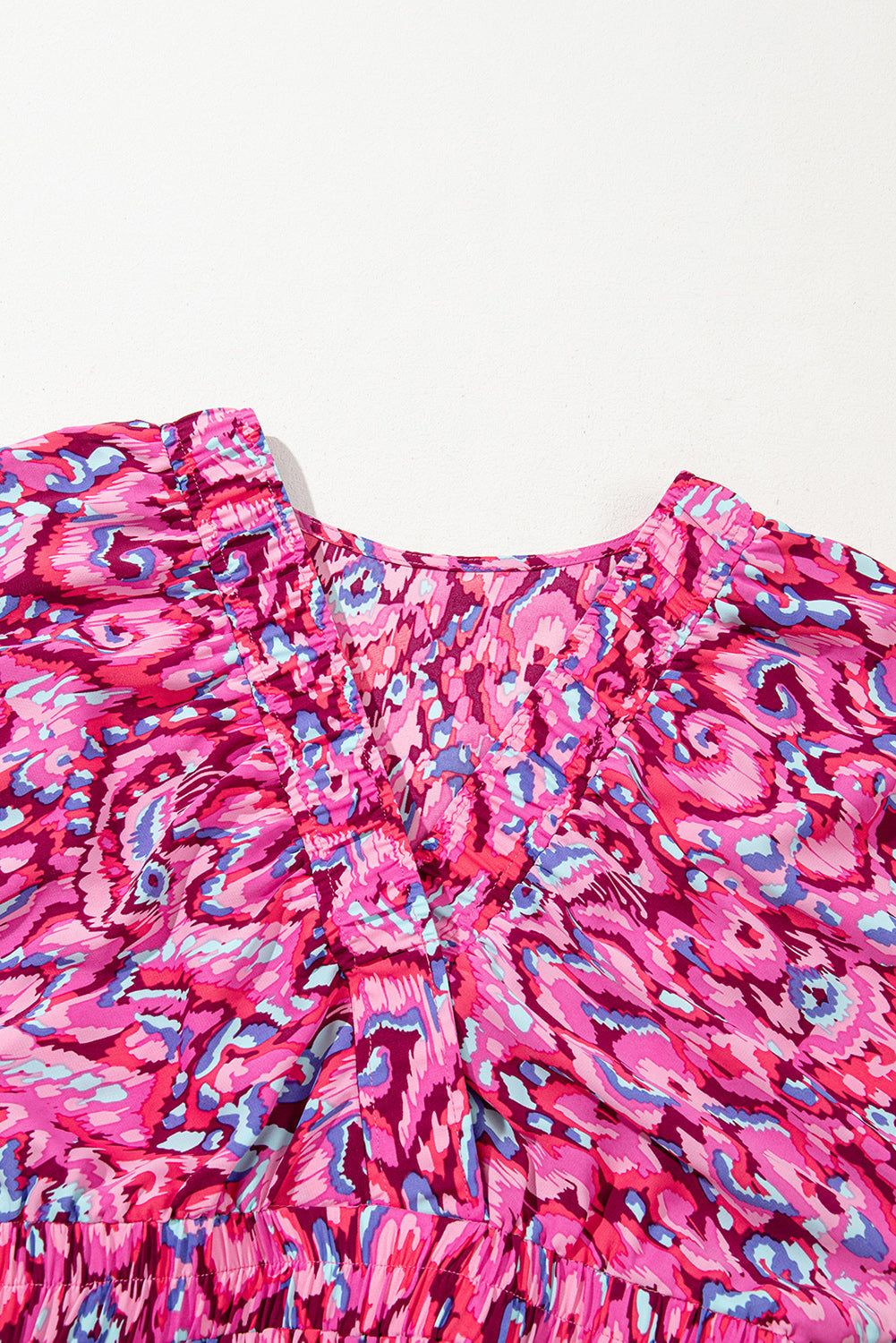 Pink Abstract Print Puff Sleeve V Neck High Waist Romper eAura