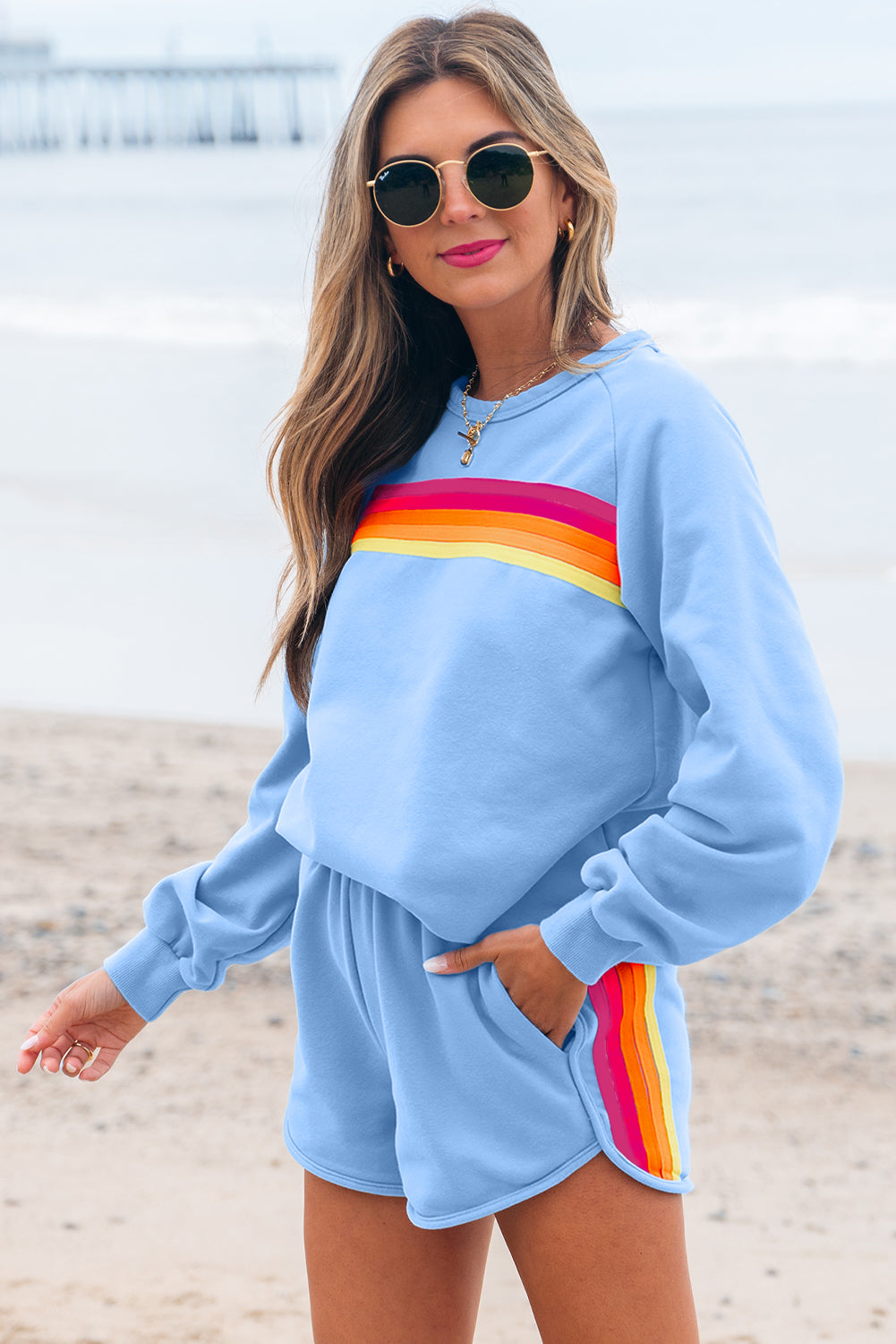 Beau Blue Striped Accent Pullover and Shorts Two Piece Casual Set Beagle Boutique Fashion Outlet