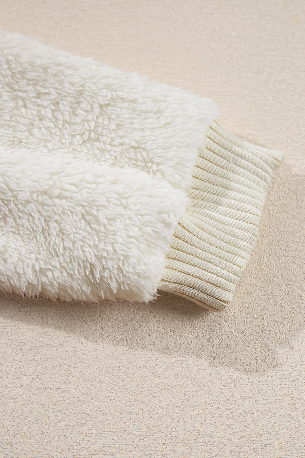 White Contrast Ribbed Edge Plush Hoodie eAura
