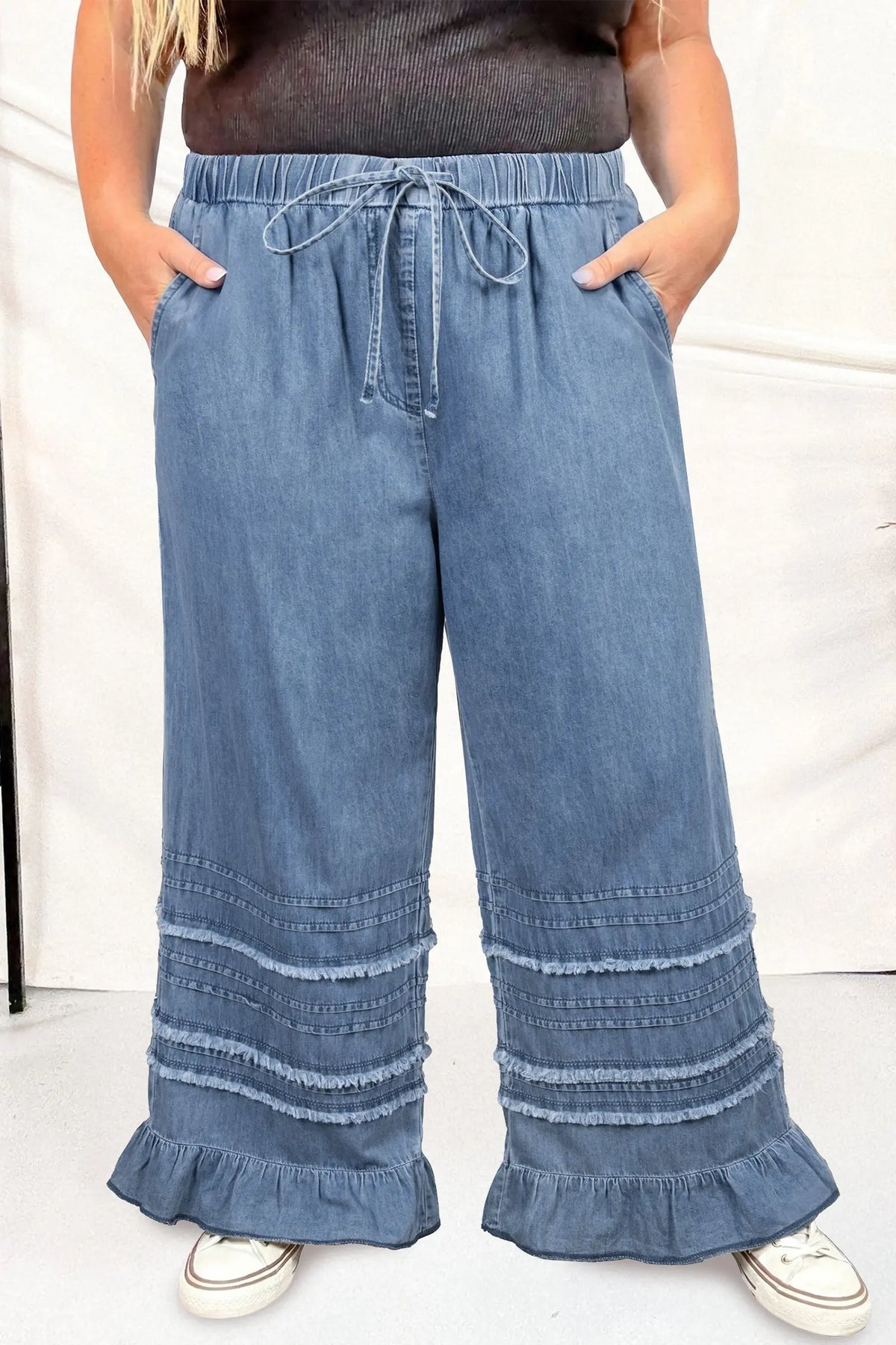 Tiered Raw Edge Ruffled Plus Size Wide Leg Denim Pants – Dusk Blue