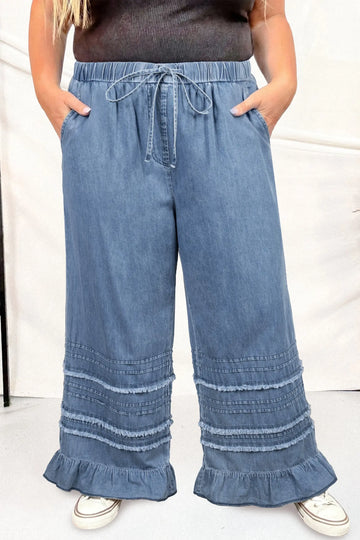 Tiered Raw Edge Ruffled Plus Size Wide Leg Denim Pants – Dusk Blue