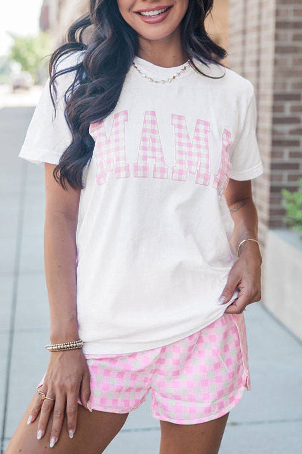 White MAMA Printed Tee and Plaid Shorts Lounge Set eAura