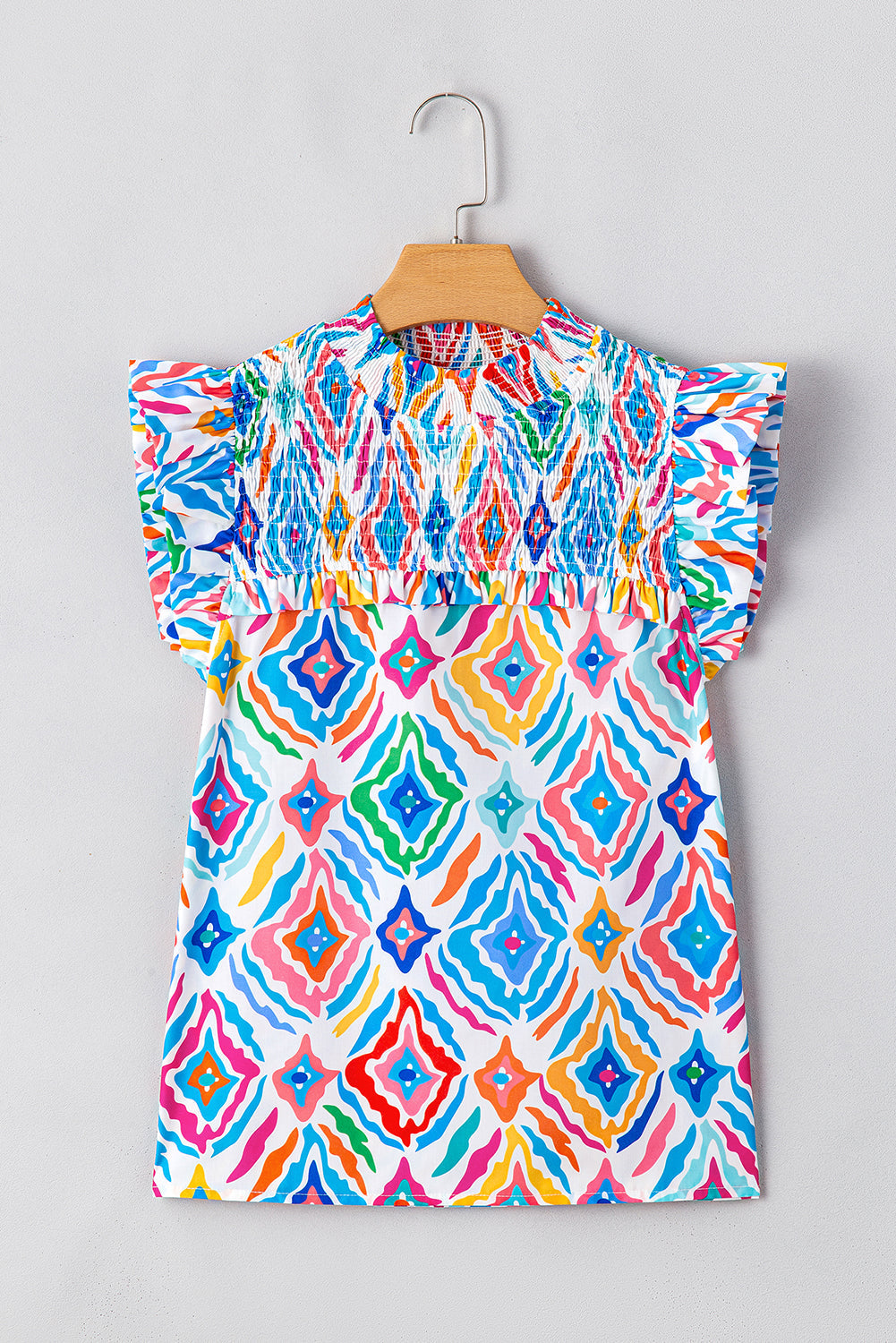 Light Blue Geometric Printed Flutter Sleeve Mock Neck Shirred Blouse eAura
