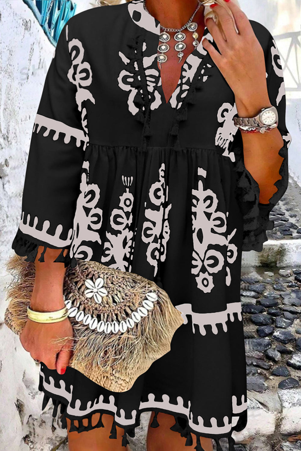 Black Plus Size Western Floral Print Fringed V Neck Dress Beagle Boutique Fashion Outlet