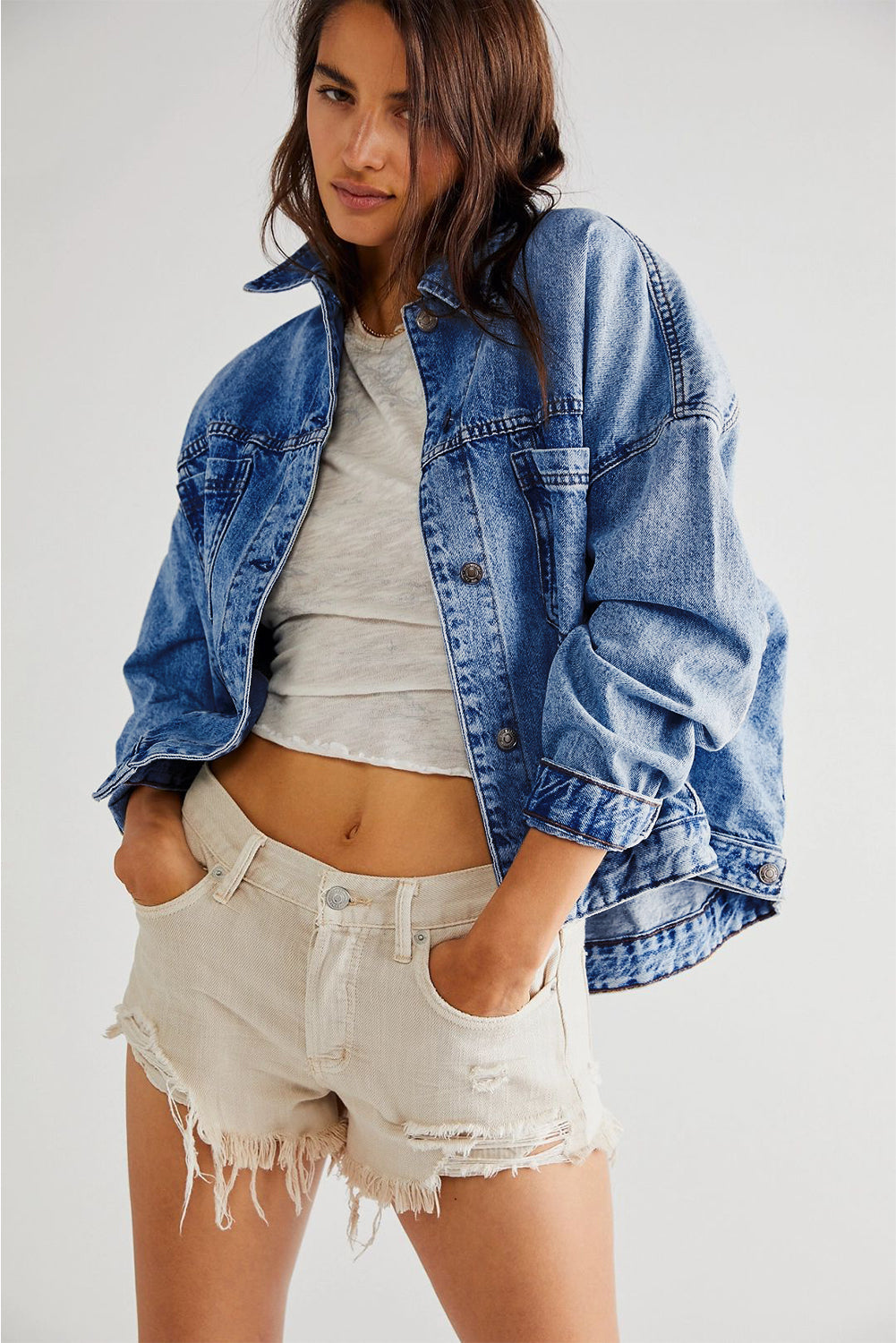 Dark Blue Washed Oversize Pocketed Denim Jacket Beagle Boutique Fashion Outlet