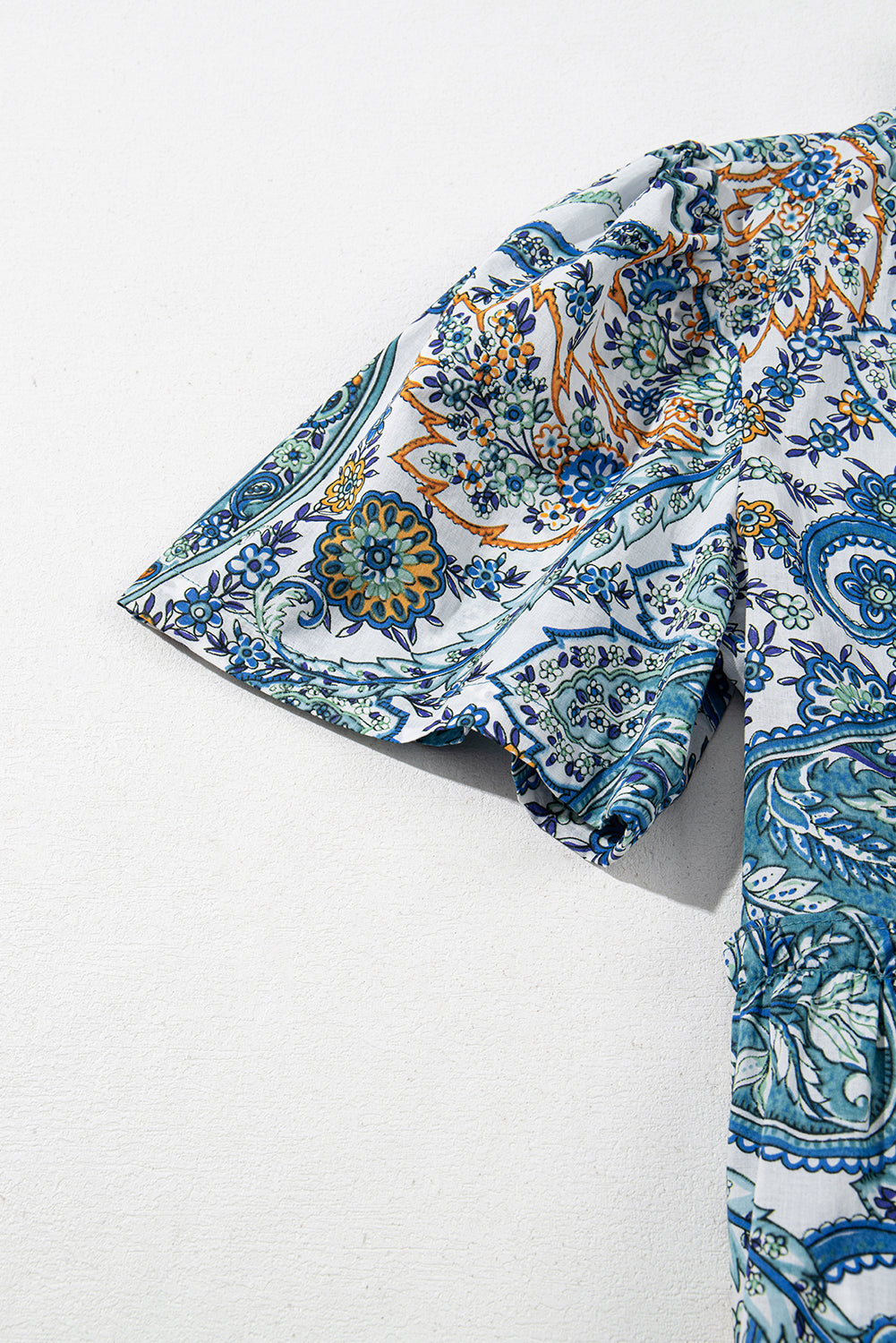 Blue Bohemian Paisley Floral V Neck Short Sleeve Mini Dress eAura