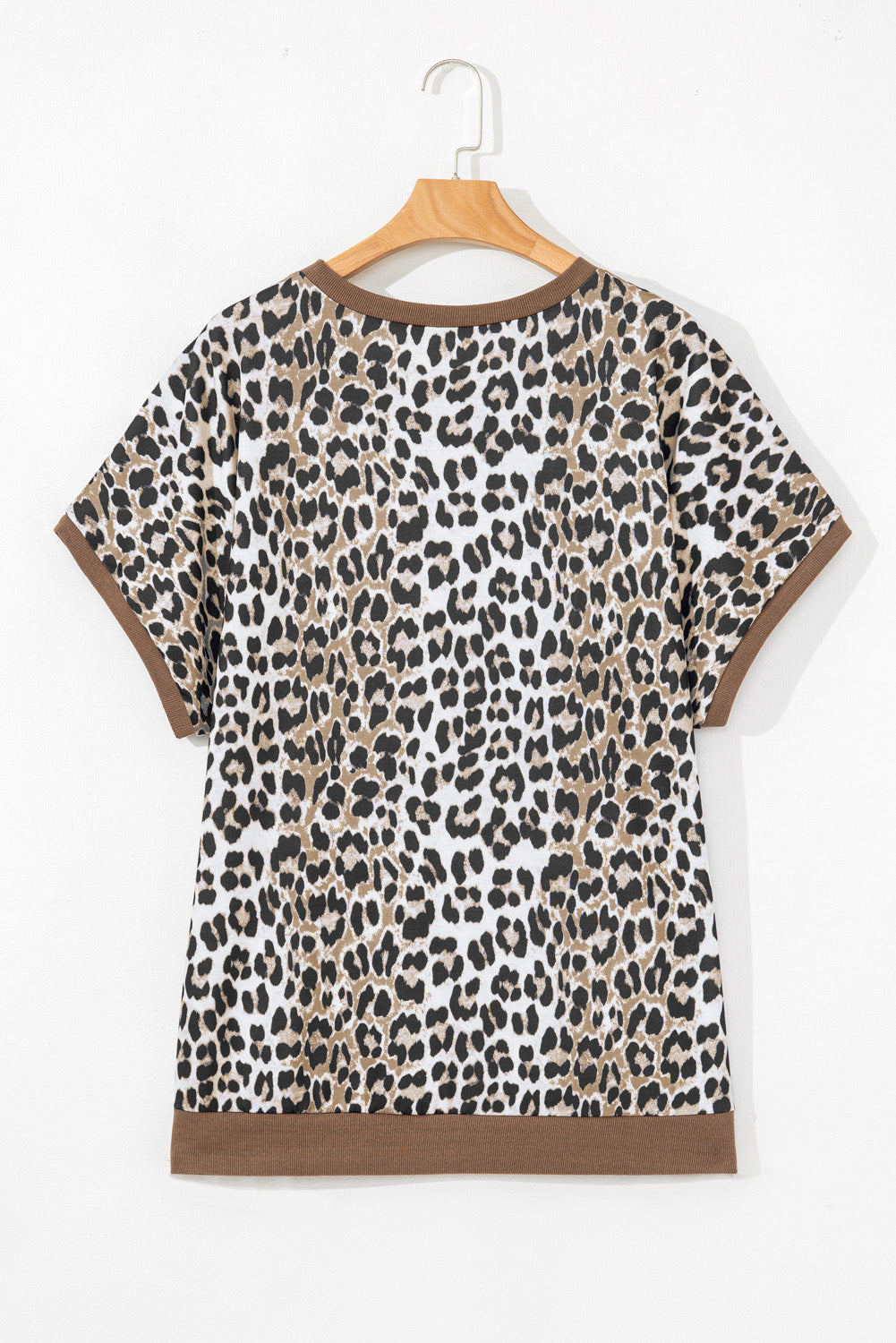 Khaki Leopard Contrast Trim Short Sleeve Loose Plus Size Top BB Fashion Outlet