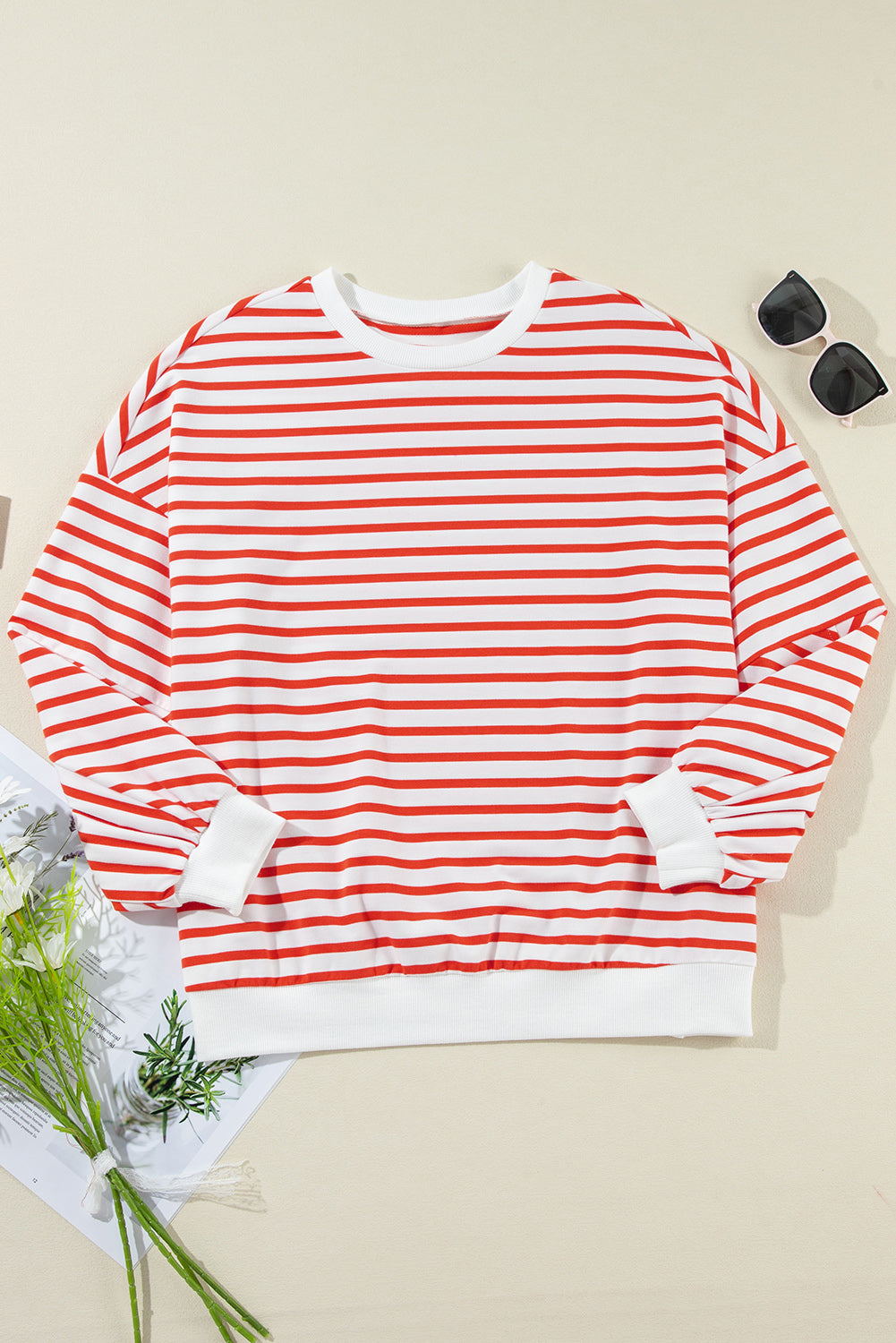 Orange Stripe Drop Shoulder Crew Neck Loose Sweatshirt eAura