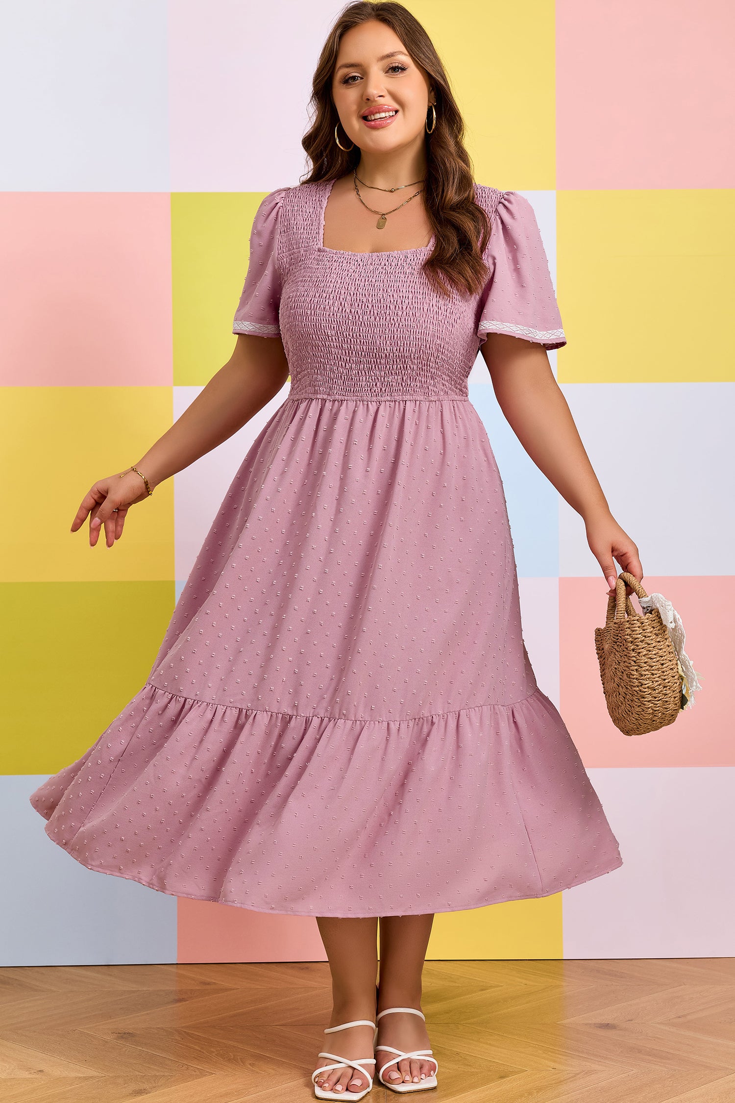 Plus Size Swiss Dot Smocked High Waist Flowy Midi Dress – Pink