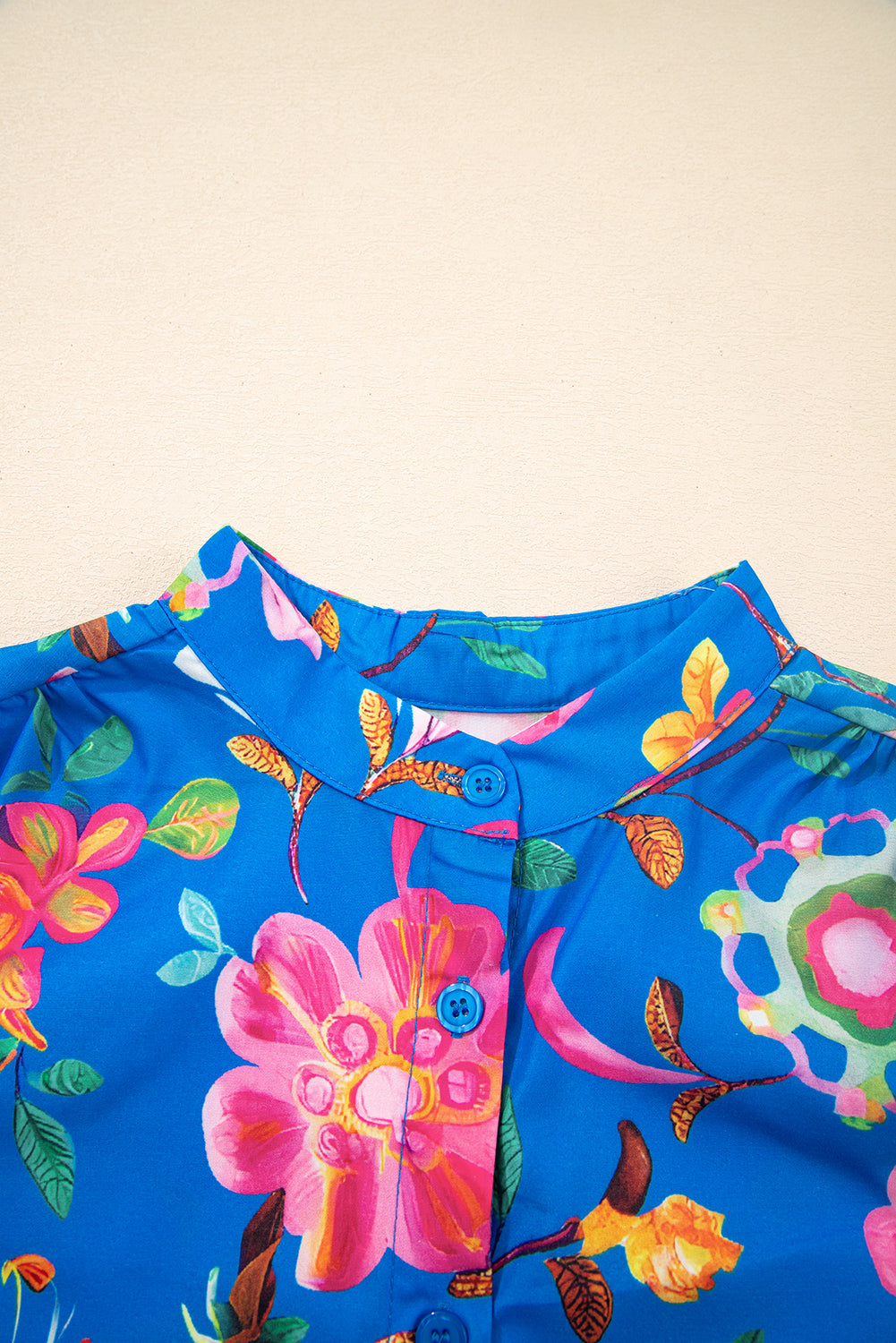 Floral Puff Sleeve Button-Up Shirt – Blue