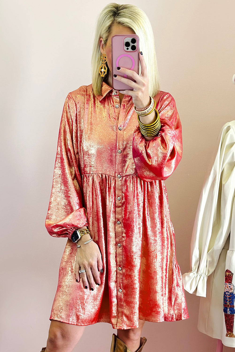 Peach Blossom Metallic Sheen Puff Sleeve Button Up Mini Shirt Dress eAura