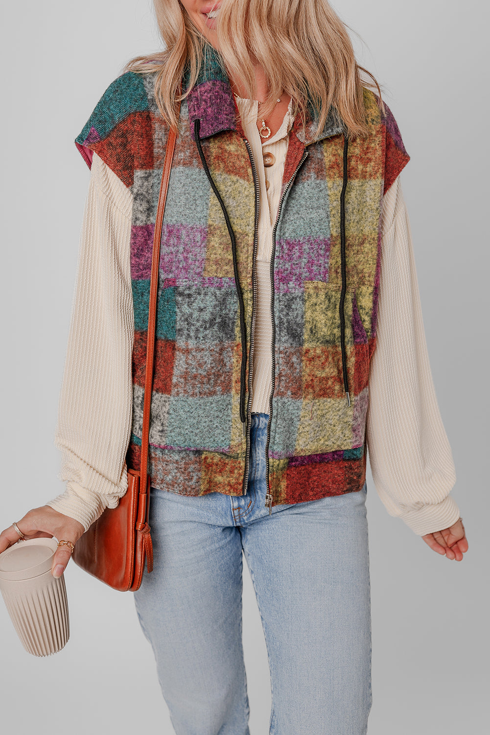 Multicolour Plaid Print Loose Sleeveless Jacket eAura