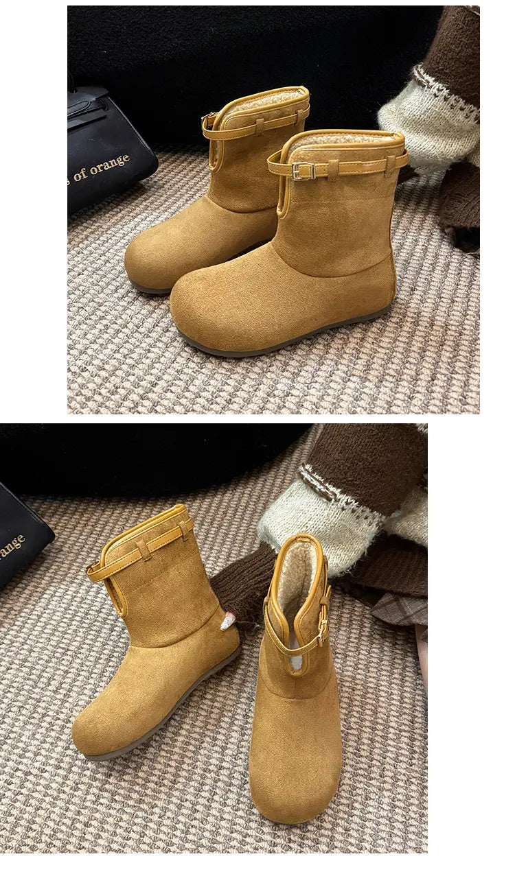 Camel boots with upright shafts and buckle detail
