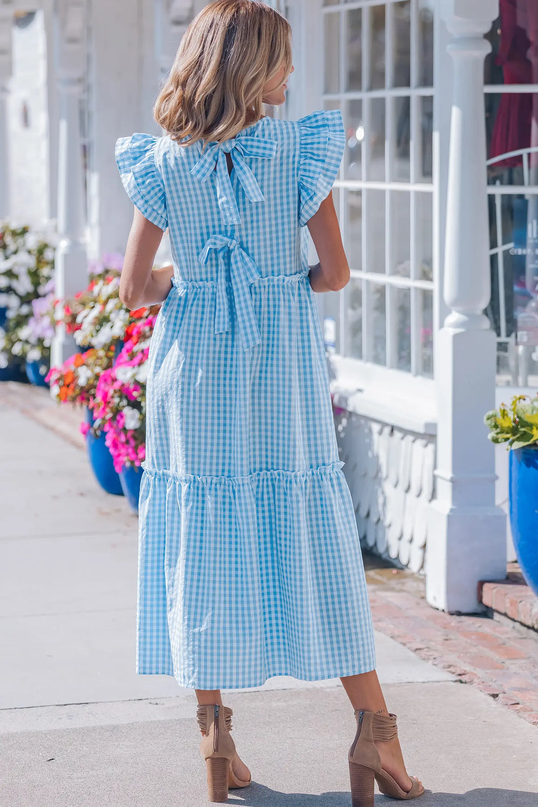 Knot Back Ruffled Short Sleeve Gingham Maxi Dress