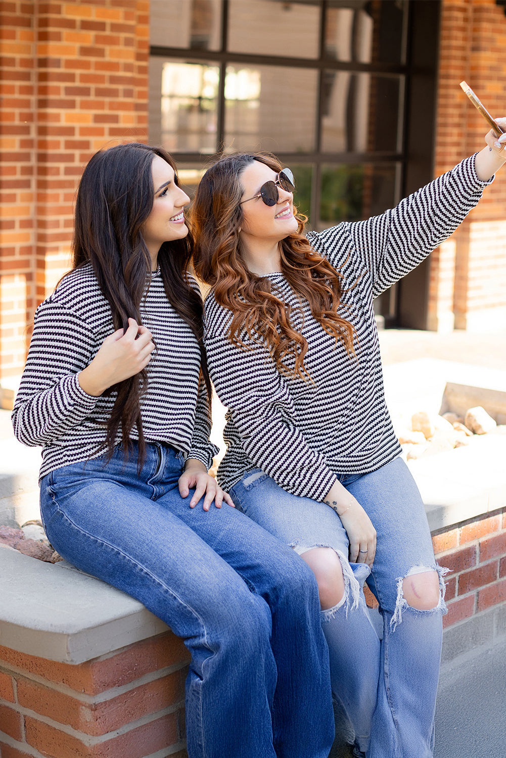 Rose Stripe Round Neck Drop Shoulder Long Sleeve Top Beagle Boutique Fashion Outlet