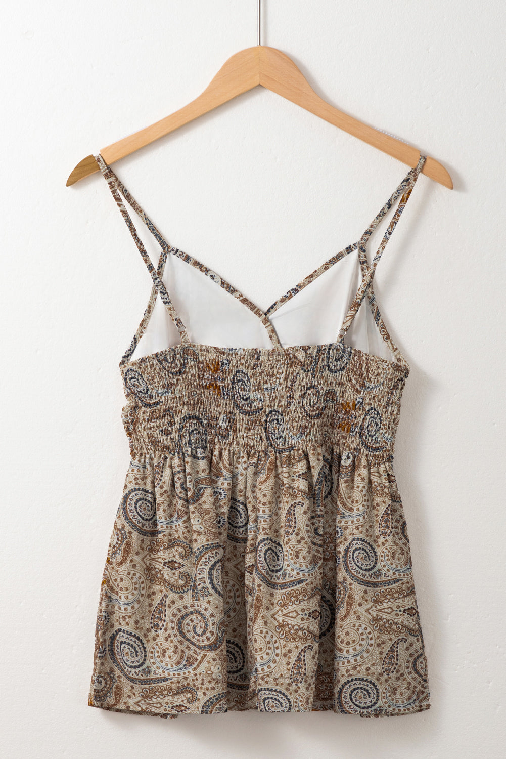Khaki Paisley Printed Spaghetti Strap V Neck Smocked Babydoll Vest Top - eAura