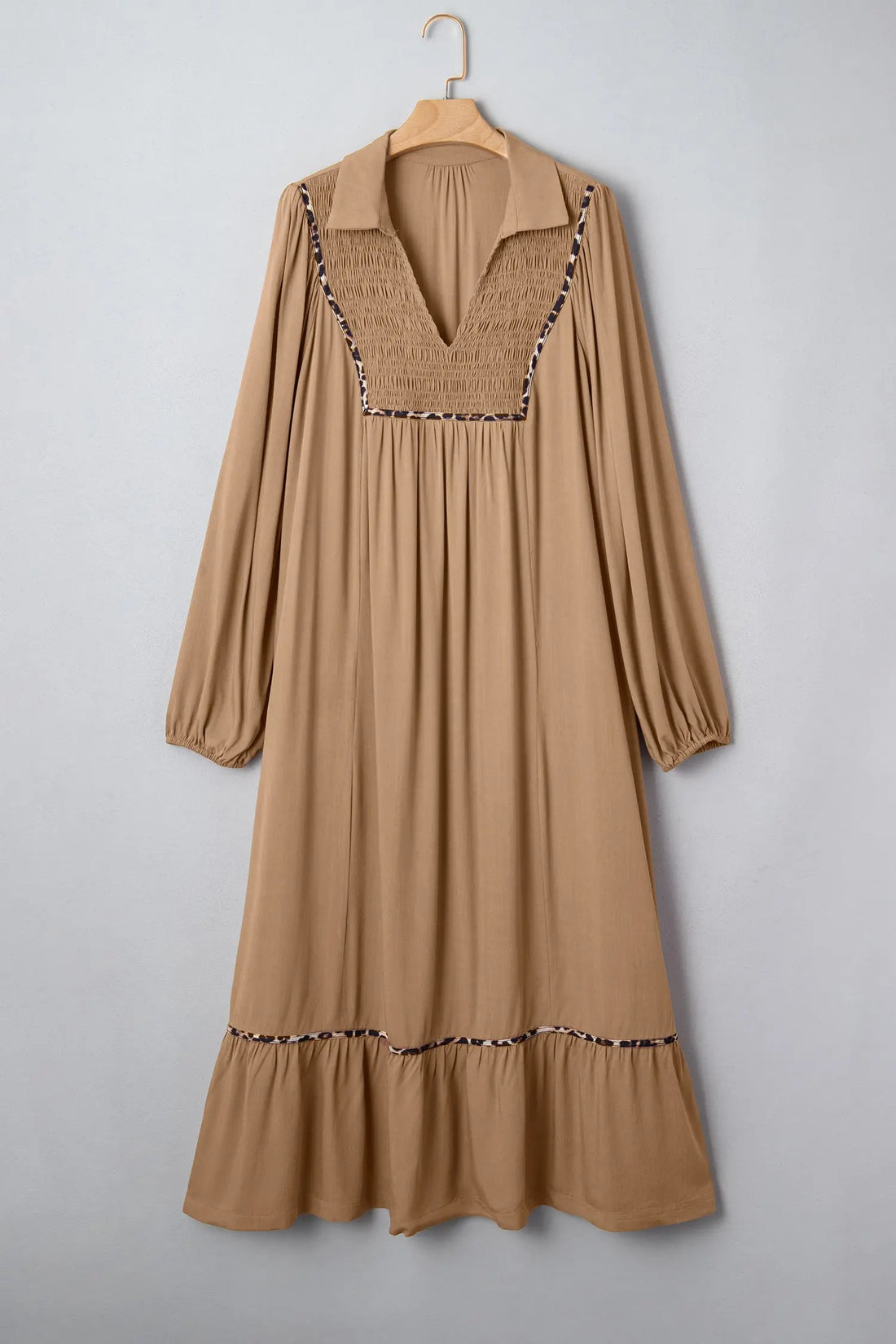 Smocked V-Neckline Leopard Piping Accent Bracelet Plus Size Long Dress - Size/Plus Dresses/Plus Maxi Dresses