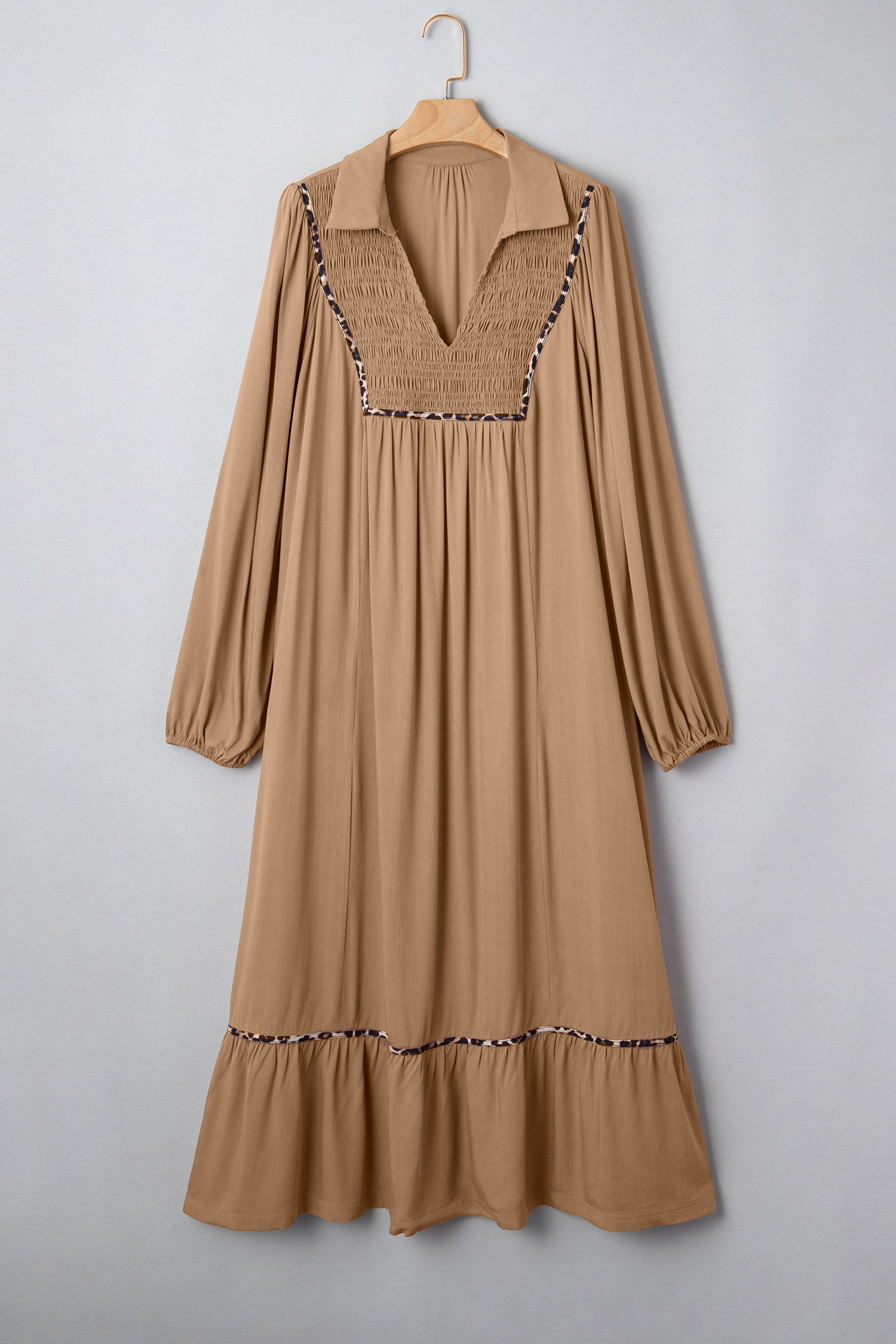 Smocked V-Neckline Leopard Piping Accent Bracelet Plus Size Long Dress - eAura