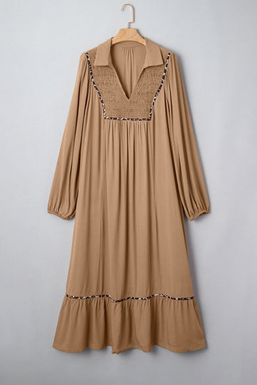 Smocked V-Neckline Leopard Piping Accent Bracelet Plus Size Long Dress - Size/Plus Dresses/Plus Maxi Dresses