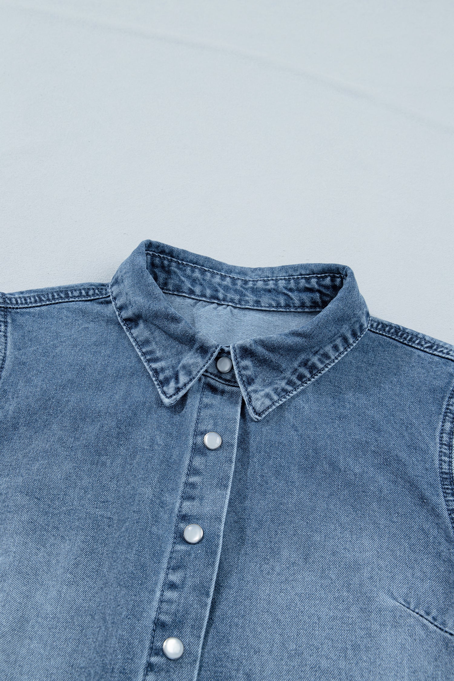 Frilled Short Sleeve Snap Button Denim Shirt