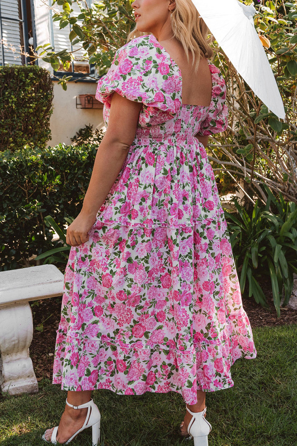 Pink Dainty Floral Smocked Puff Sleeve Flowy Long Dress eAura