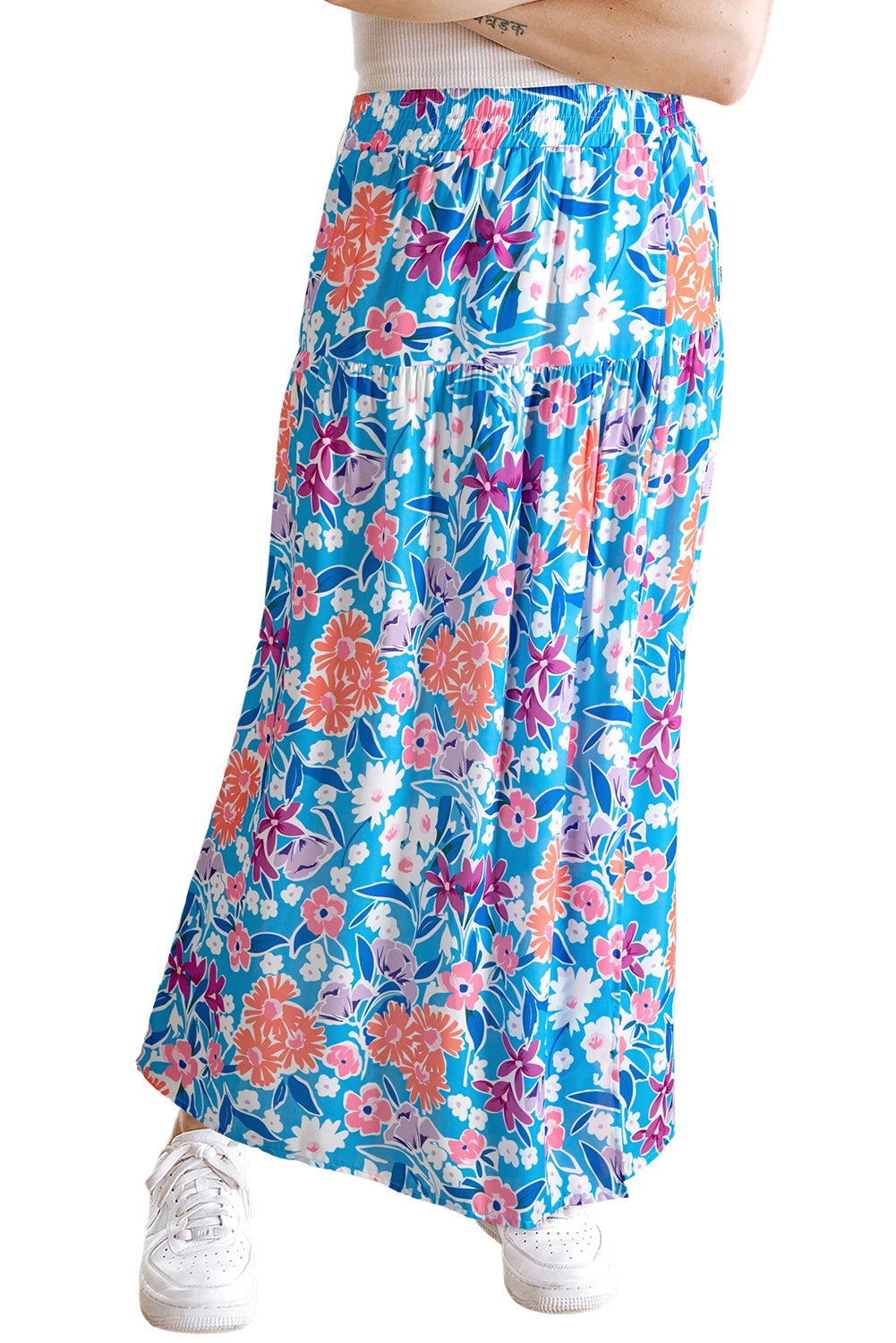 Sky Blue Floral Printed High Waist Split Wrap Long Skirt eAura