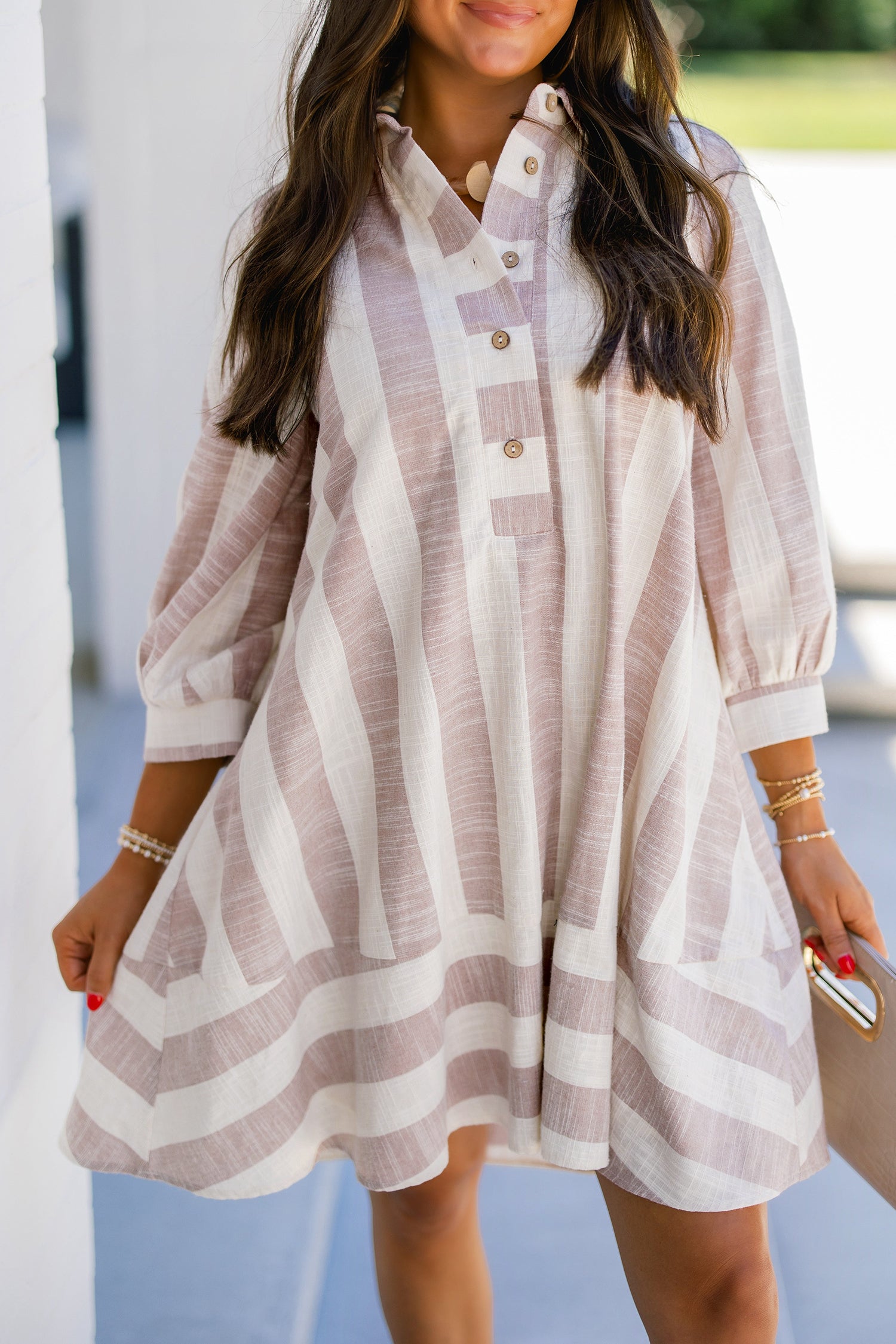 Striped Button-Up Three-Quarter Sleeve Short Shift Dress – Khaki Stripe