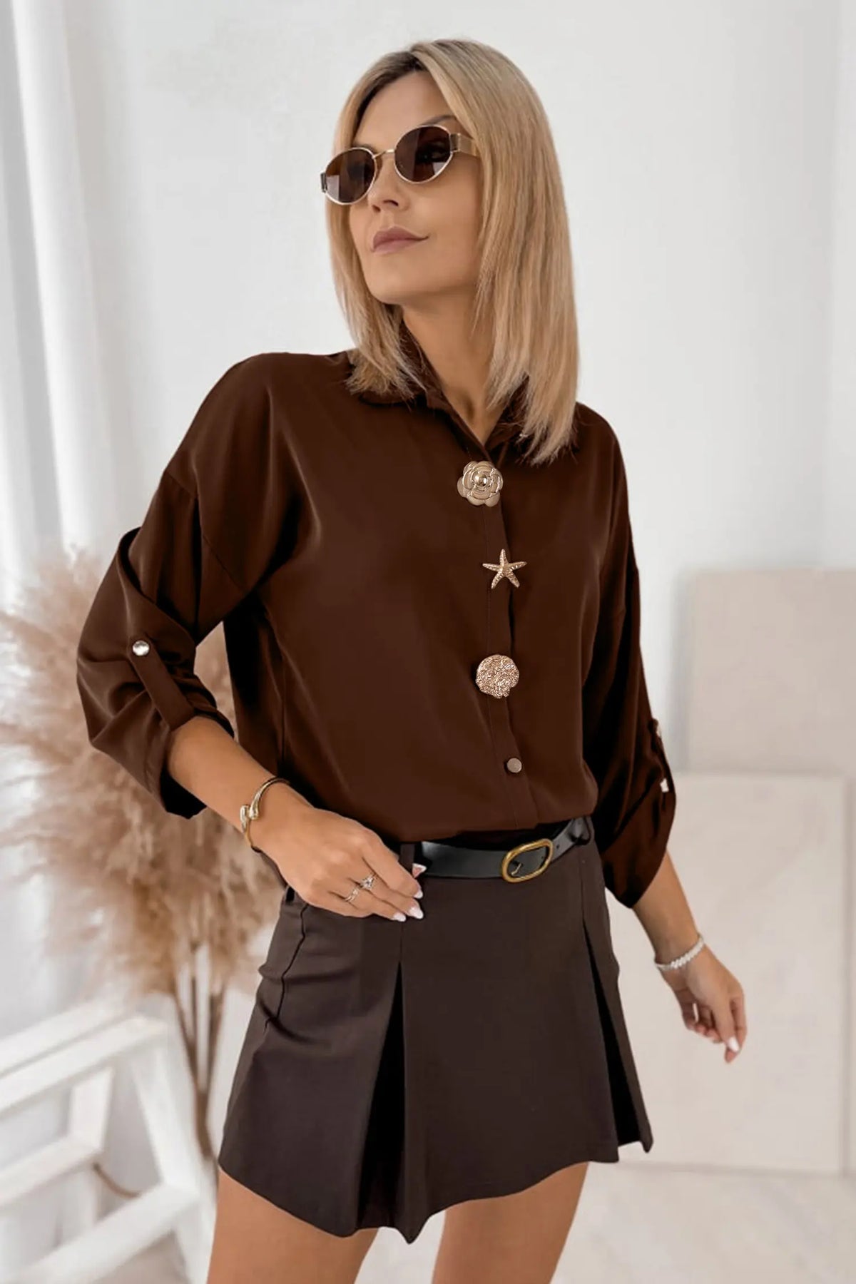 Coffee Multi Button Decoration Tab Long Sleeve Casual Shirt – Brown