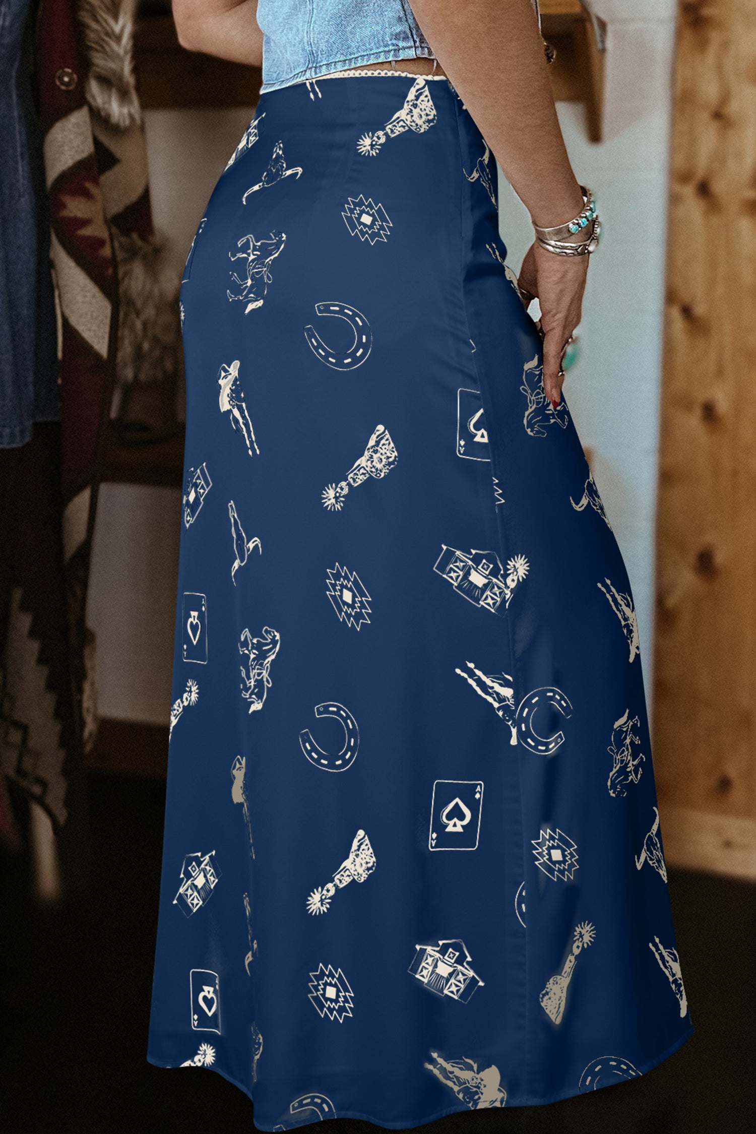 Navy Blue Western Print Satin Maxi Skirt