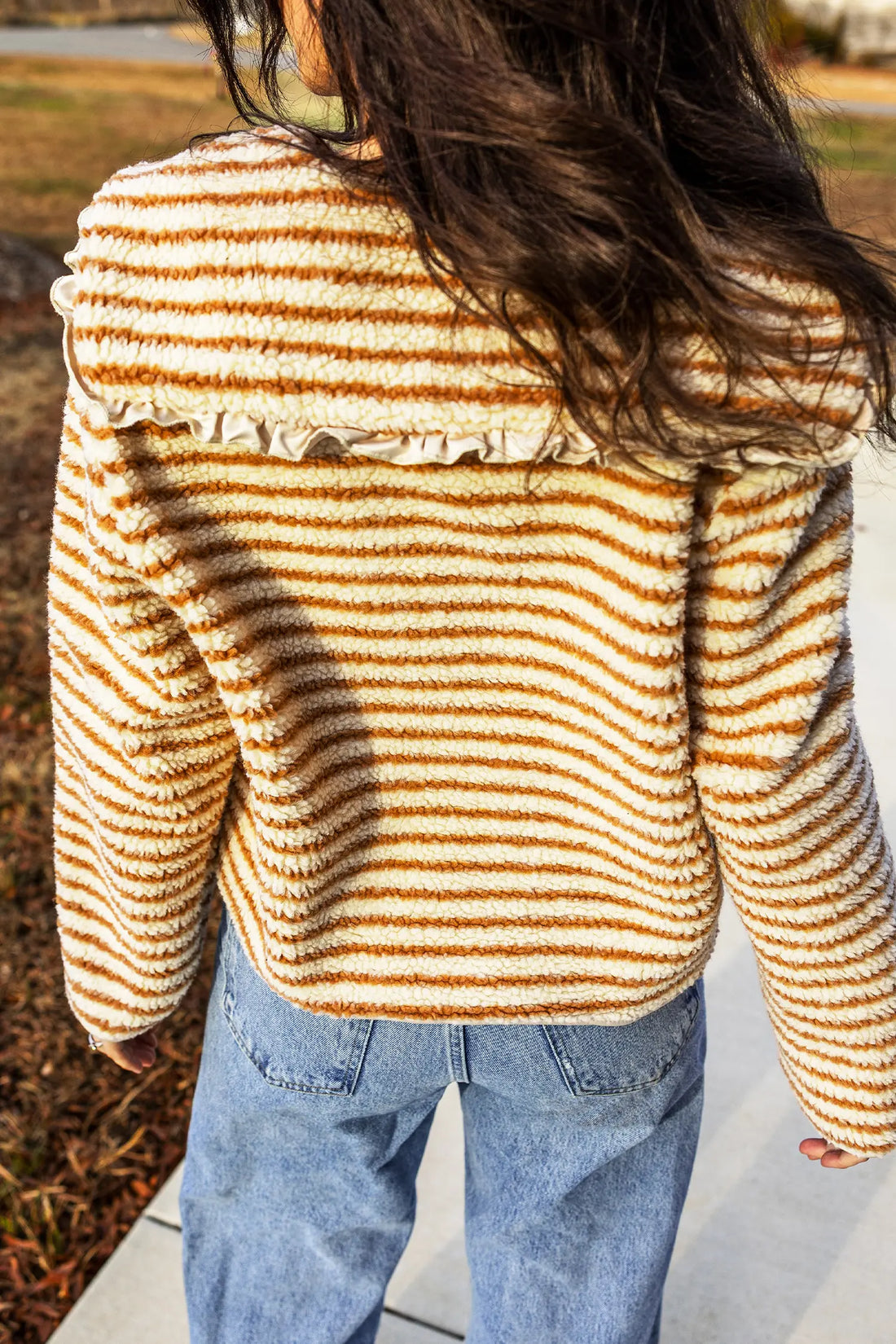 Striped Fleece Button Front Long Sleeve Regular Fit Jacket
