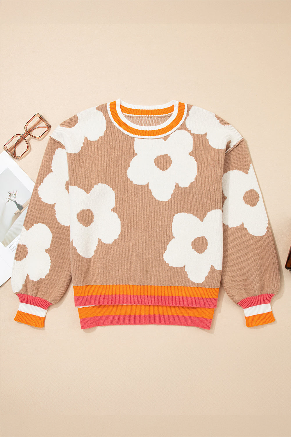 Big Flower Pattern Contrast Striped Baggy Sweater - eAura