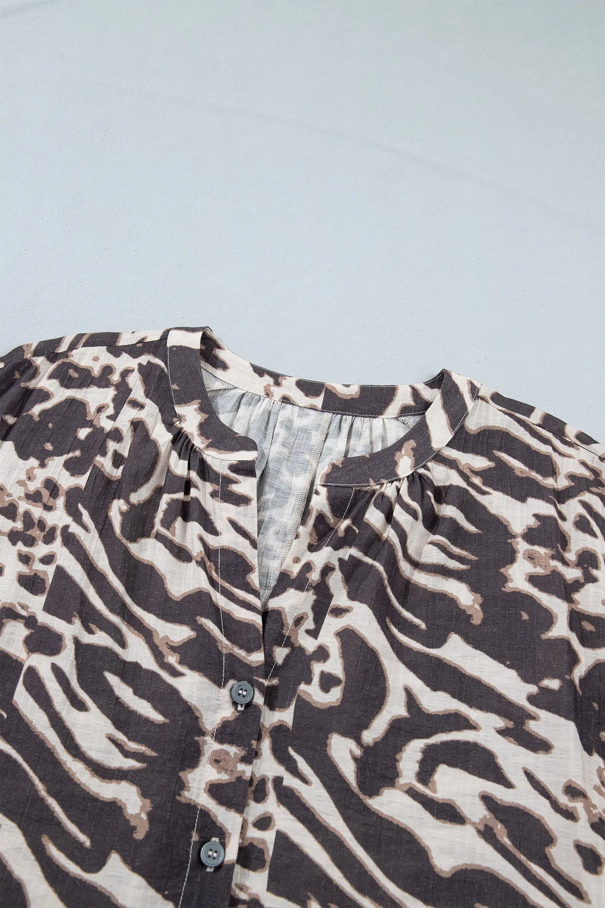 Parchment Leopard Print V Neck Button Down Balloon Sleeve Shirt