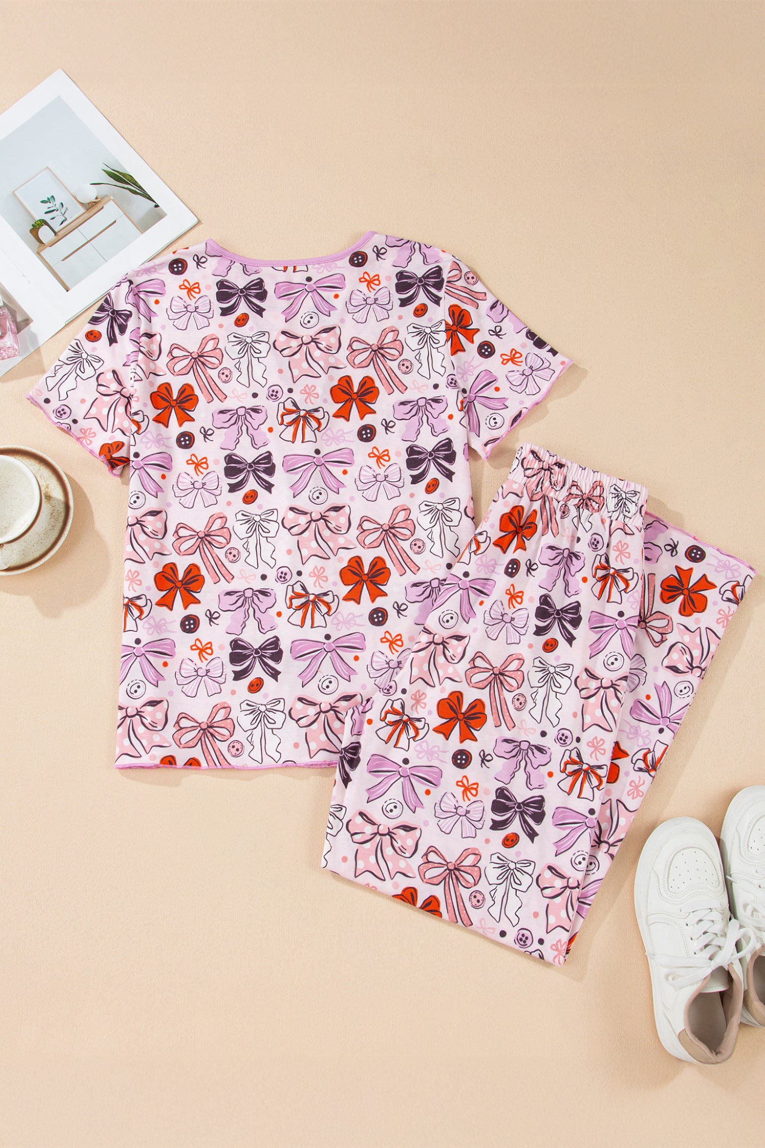 Bows Buttons Printed Contrast Trim Short Sleeve Shirt Pyjama Set