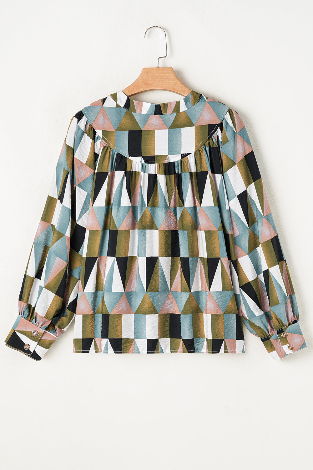 Green Geometric Print Buttoned Balloon Sleeve Loose Fit Shirt BB Fashion Outlet
